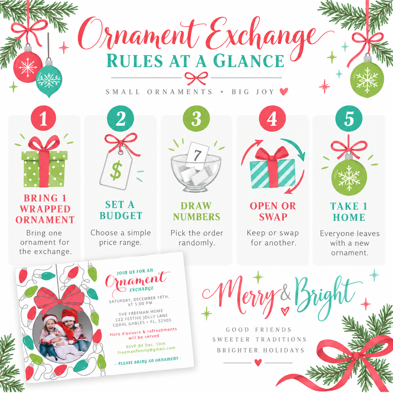 Ornament exchange rules graphic showing five steps: bring one wrapped ornament, set a budget, draw numbers, open or swap, and take one ornament home, with a Merry and Bright ornament exchange invitation.