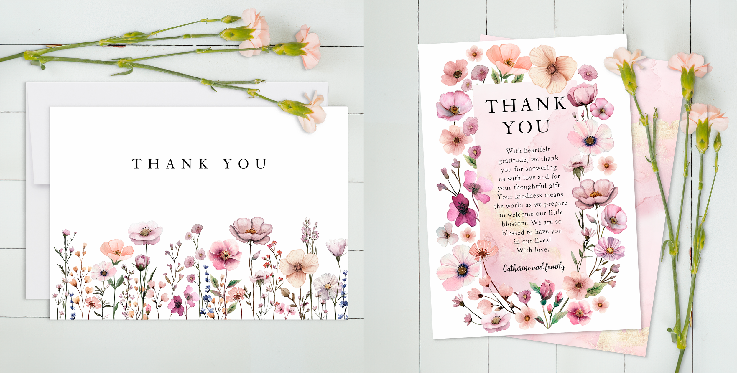 Dusty pink wildflower baby shower thank you card with watercolor floral design.