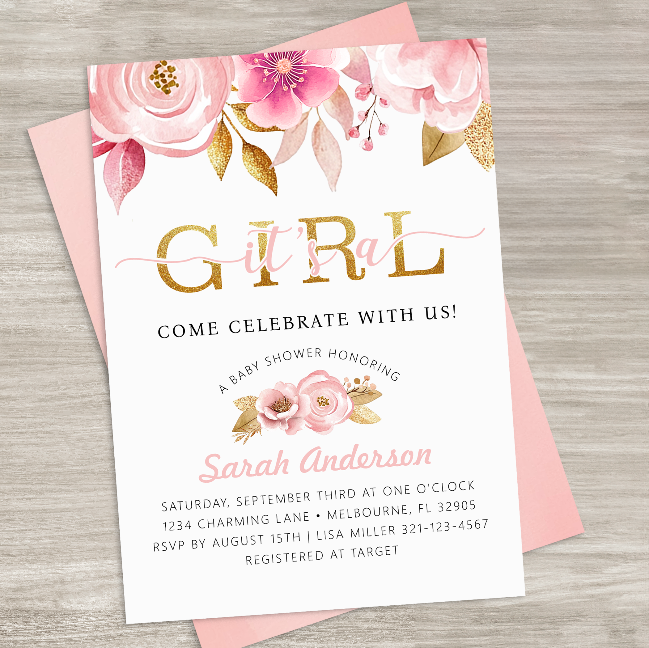 Blush pink floral baby shower invitation with gold lettering and watercolor flowers