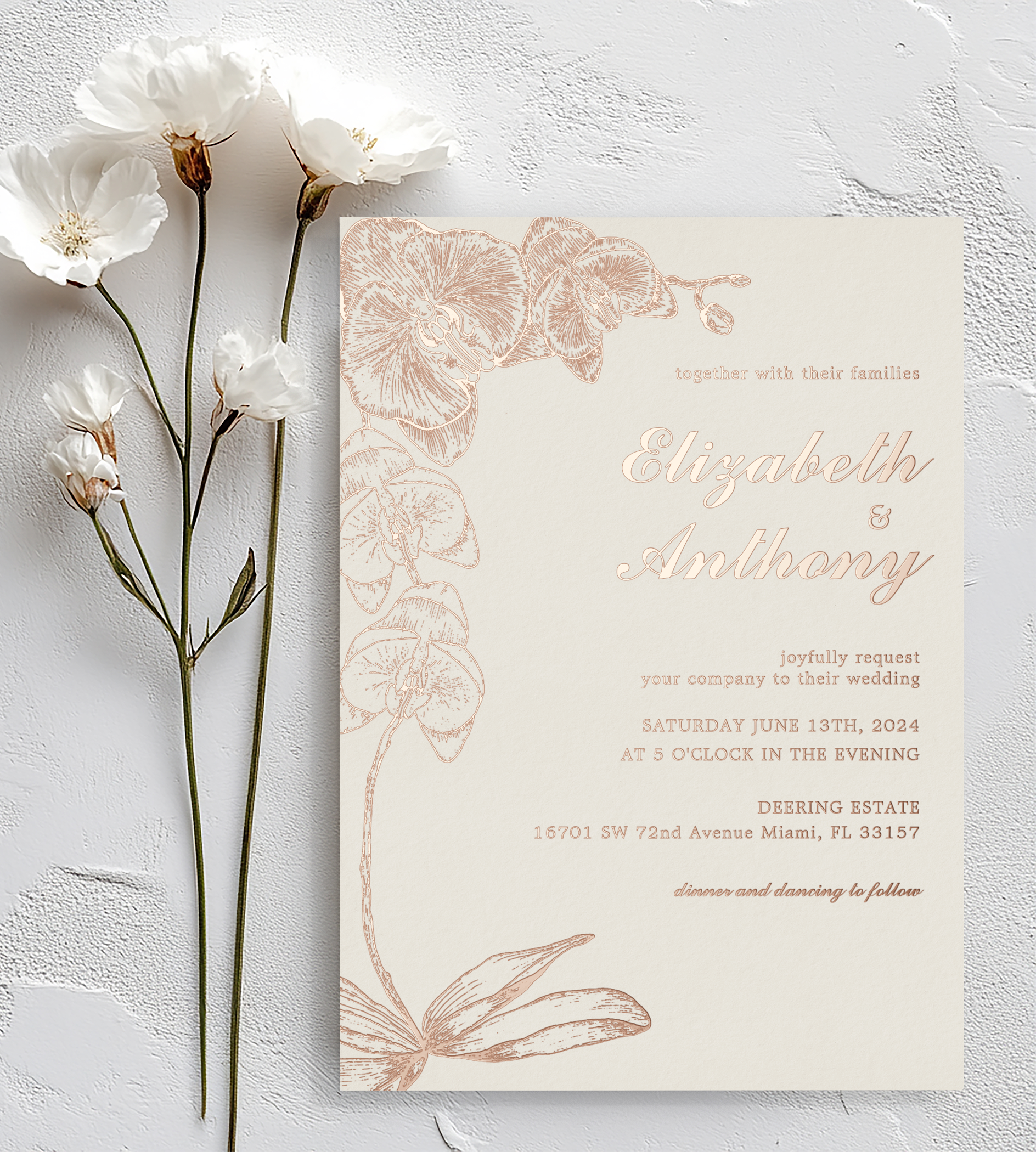 Elegant botanical orchid wedding invitation with soft dusty rose foil floral line art.
