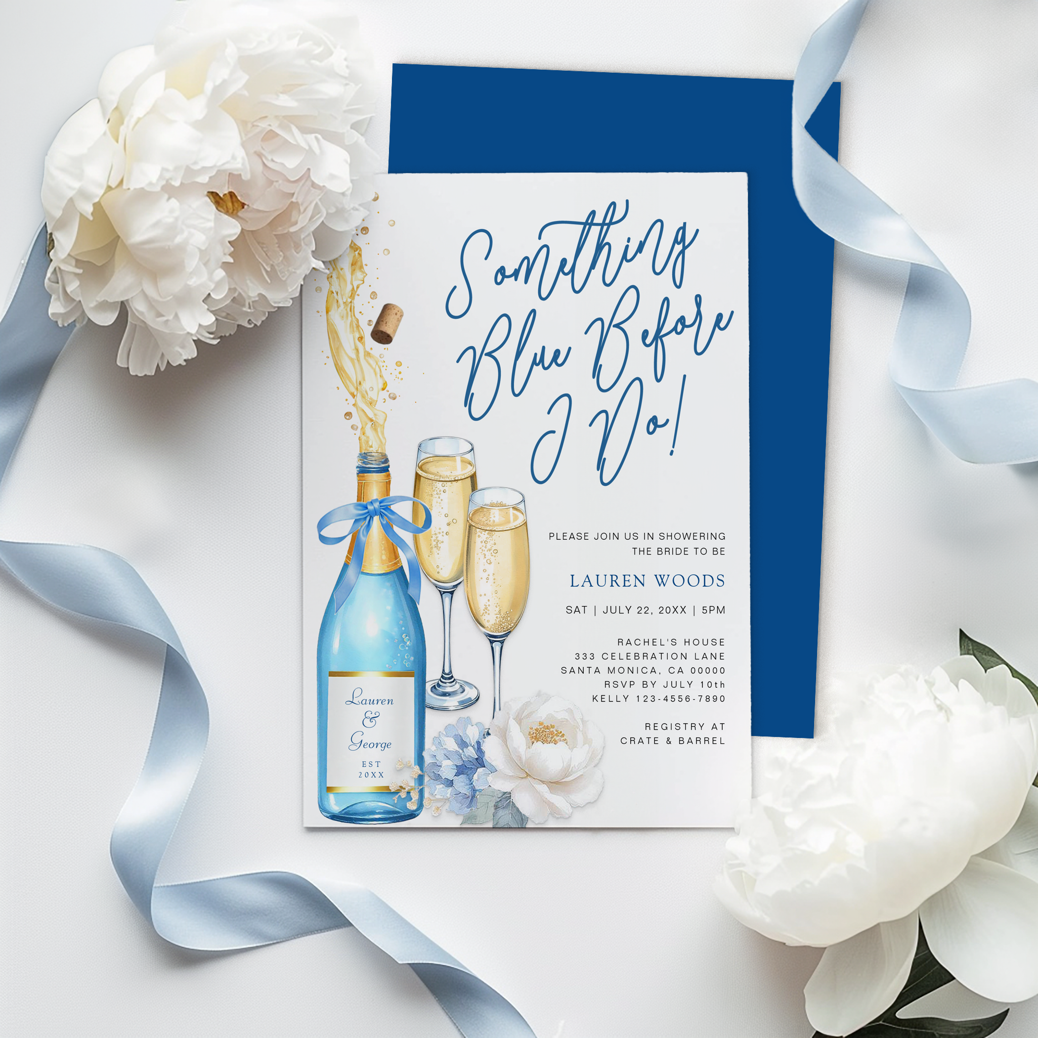 Elegant engagement party invitation with watercolor champagne bottle popping and modern blue script reading “Cheers to Love.”