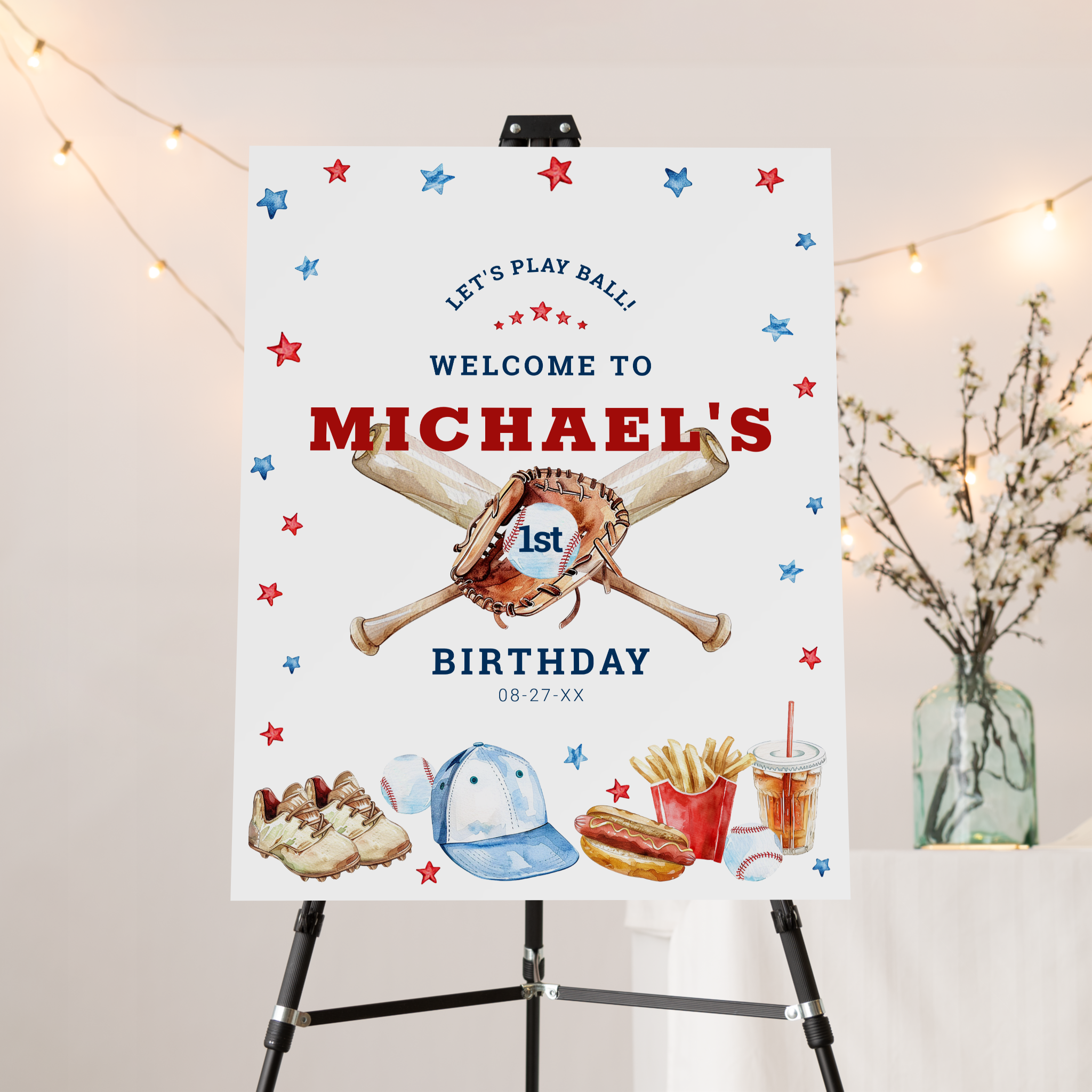 Personalized watercolor baseball welcome sign on easel for boys birthday party