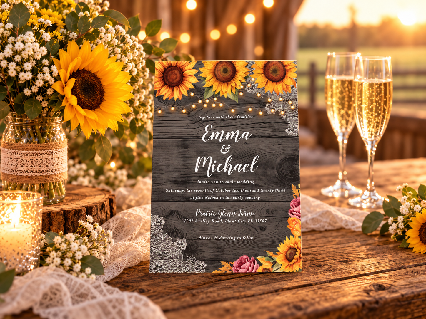 Romantic rustic wedding table at sunset with sunflowers, soft candlelight, champagne glasses, greenery, and personalized wedding napkins in a cozy barn-inspired setting.