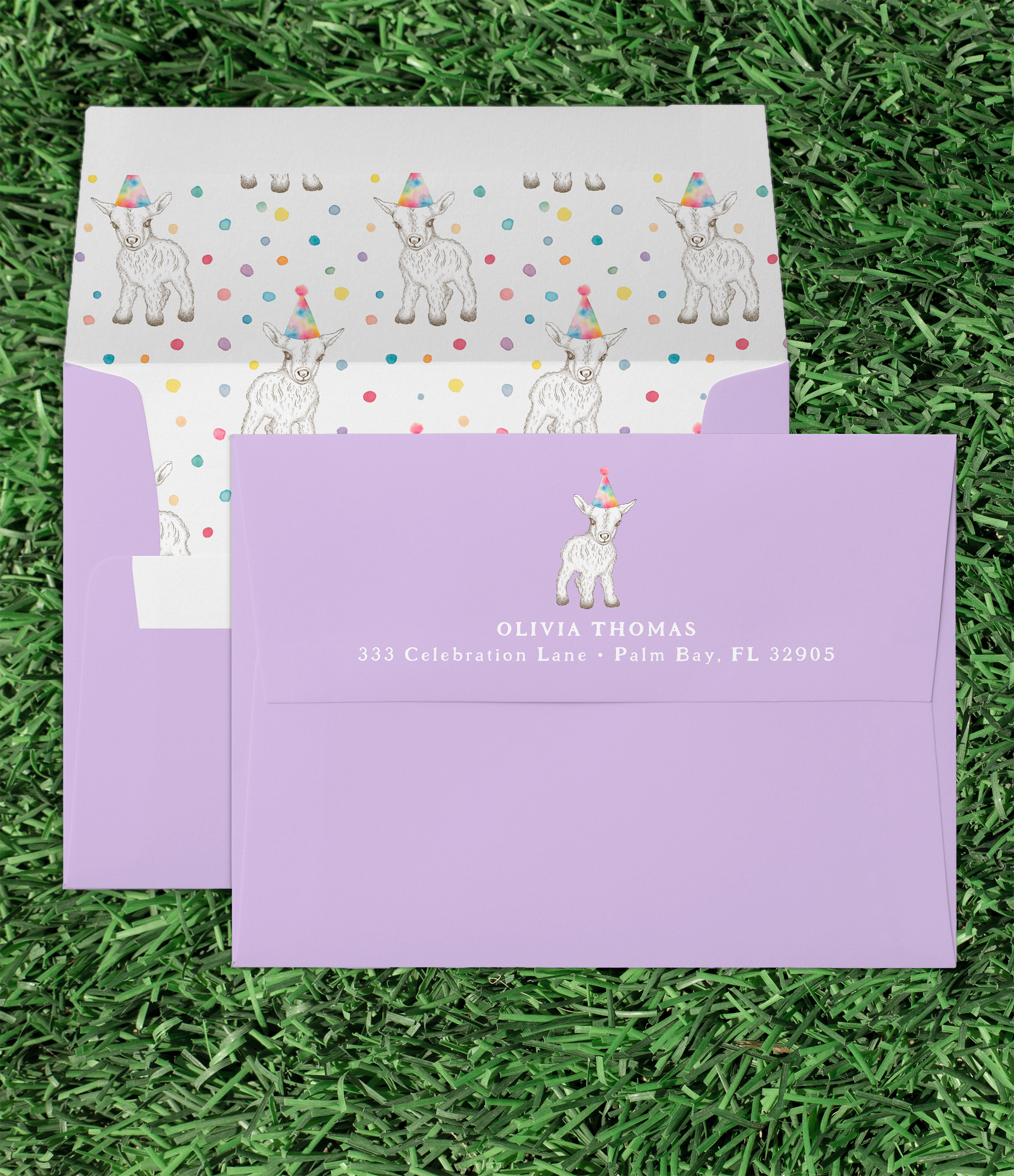 Matching Party Animal Goat birthday envelope and liner with pastel goat pattern.