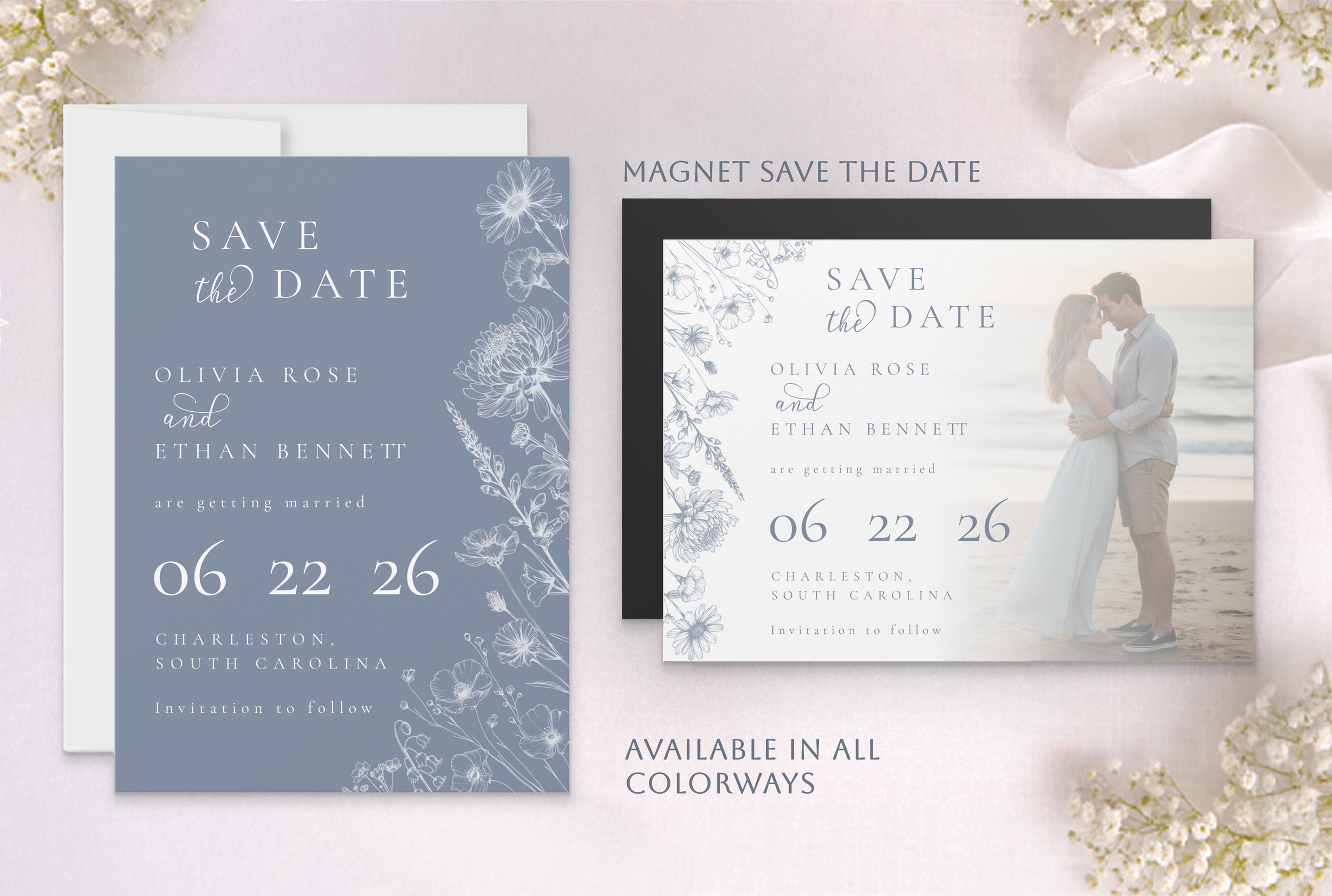 Botanical save the date options including classic card and photo magnet with floral design and wedding couple image, available in multiple colorways