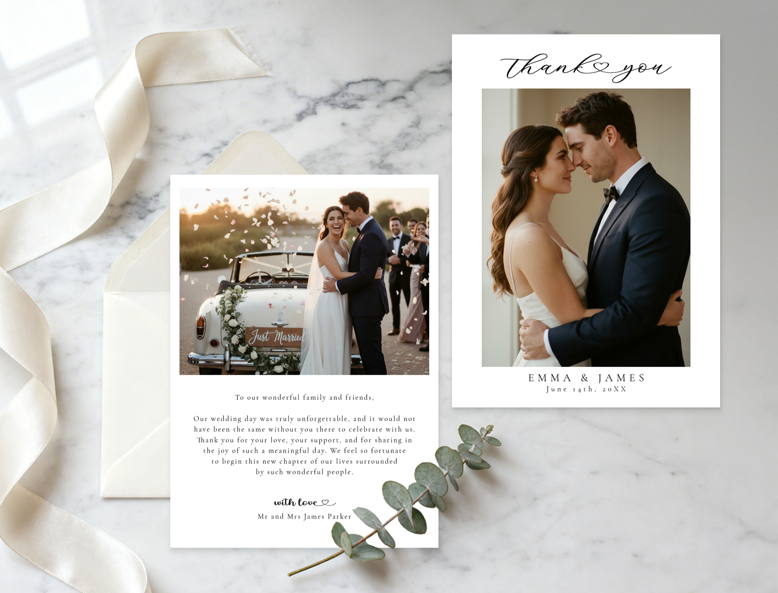 minimalist wedding photo thank you card with elegant script typography