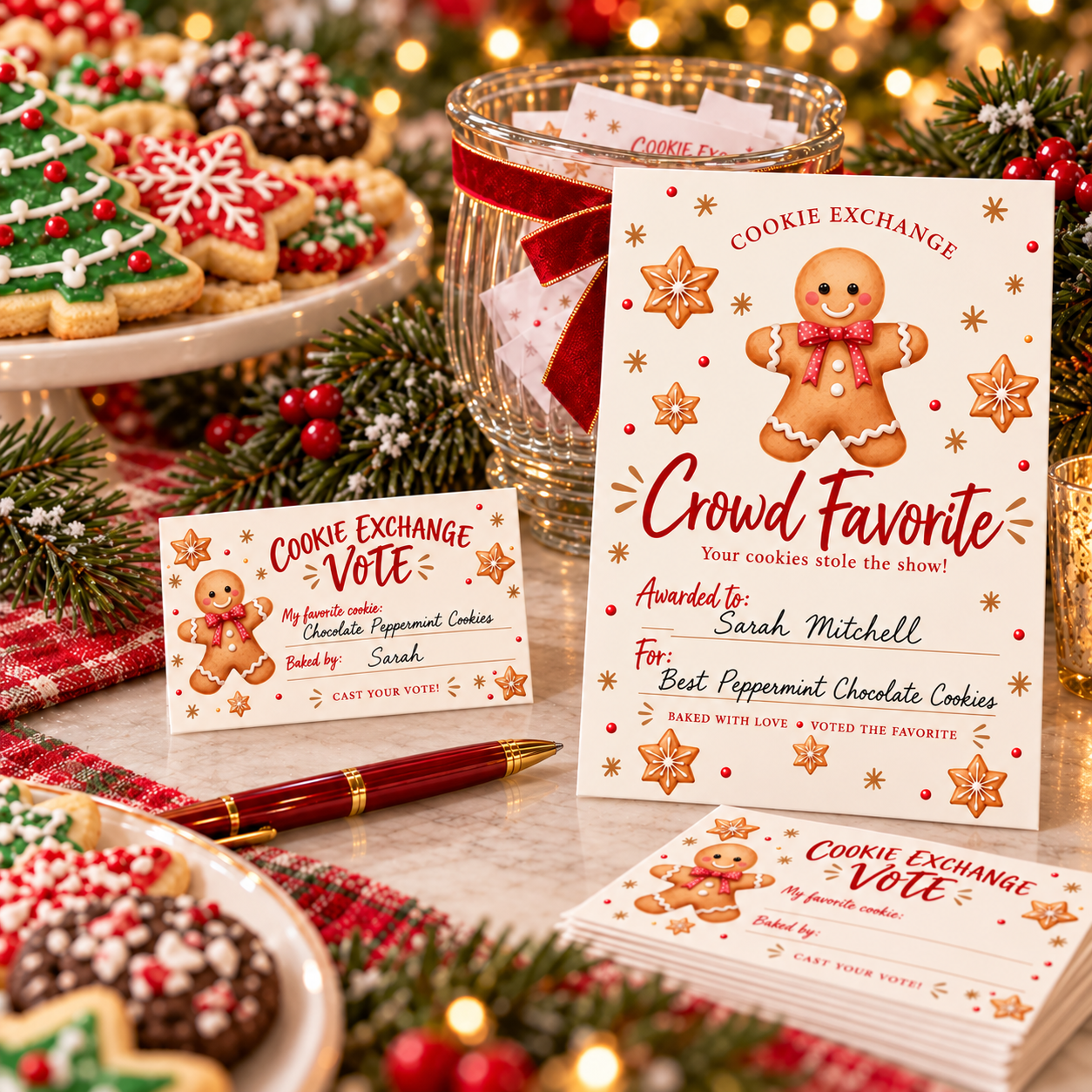 Cookie exchange voting display with small vote cards, a glass jar for collecting ballots, and a 5x7 crowd favorite certificate on a festive holiday table.