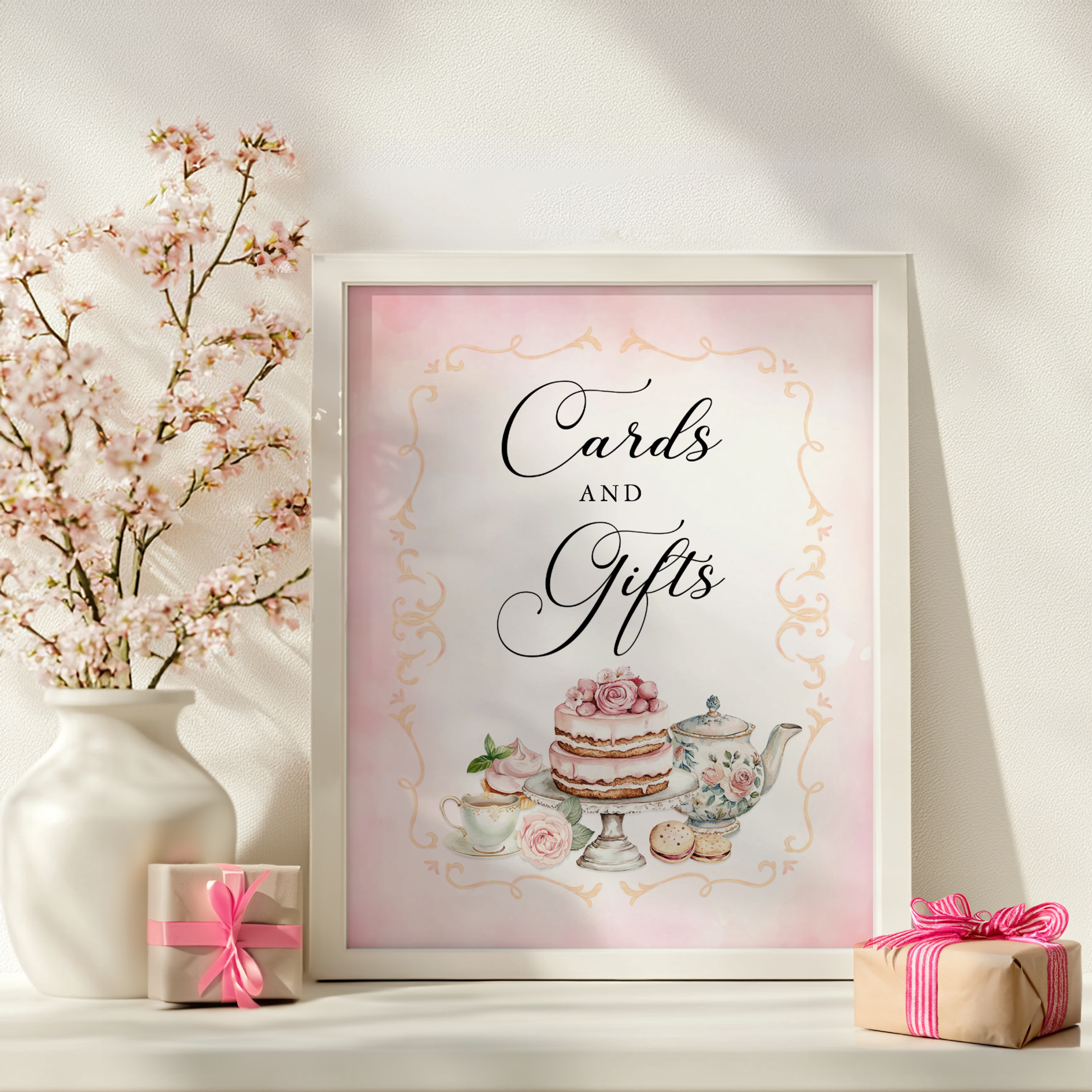 Cards and gifts bridal shower sign with vintage tea party artwork