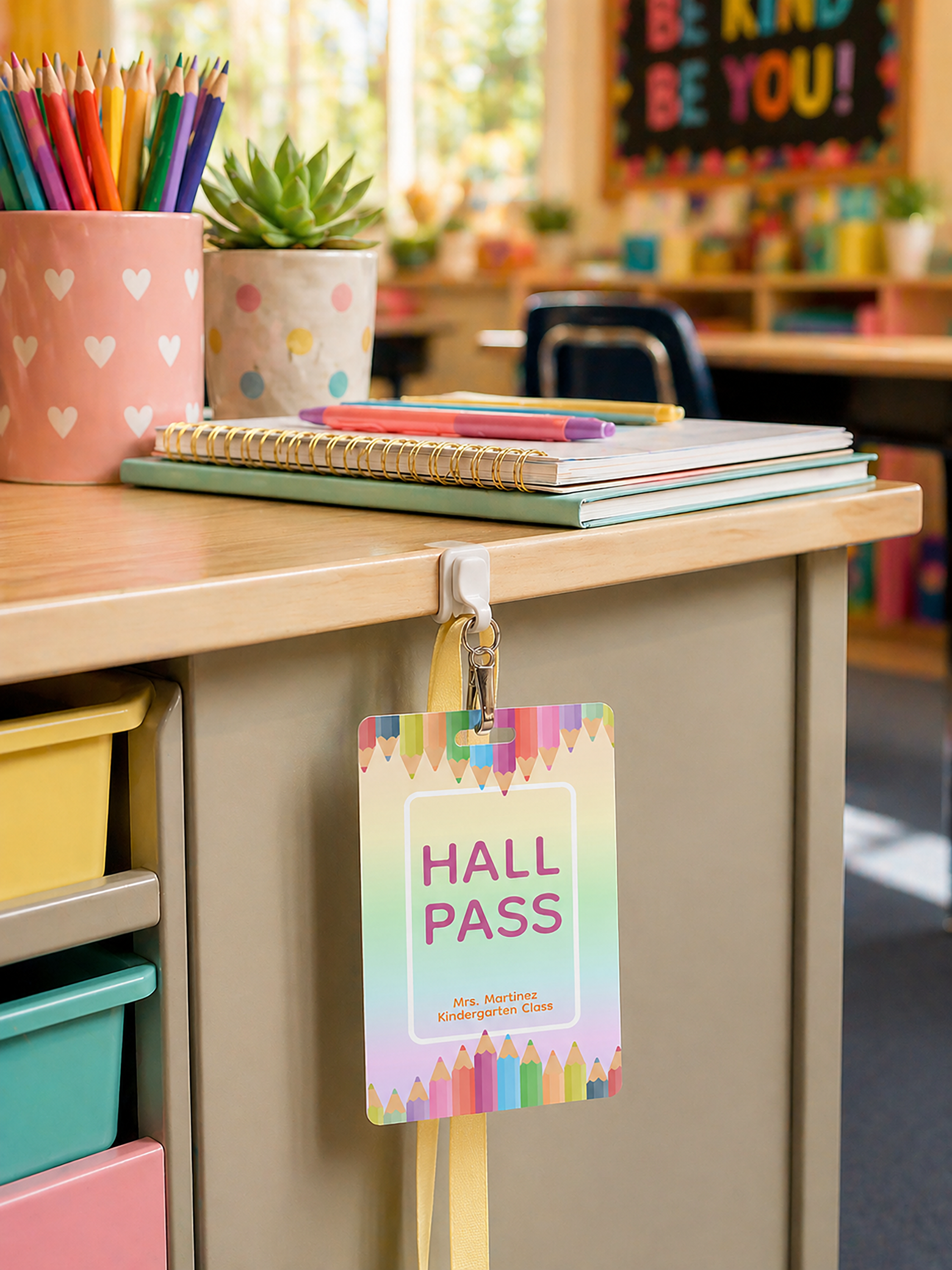 Pastel rainbow hall pass badge attached to a yellow lanyard hanging from the side of a teacher desk, surrounded by pencils, notebooks, storage bins, and warm natural classroom light.