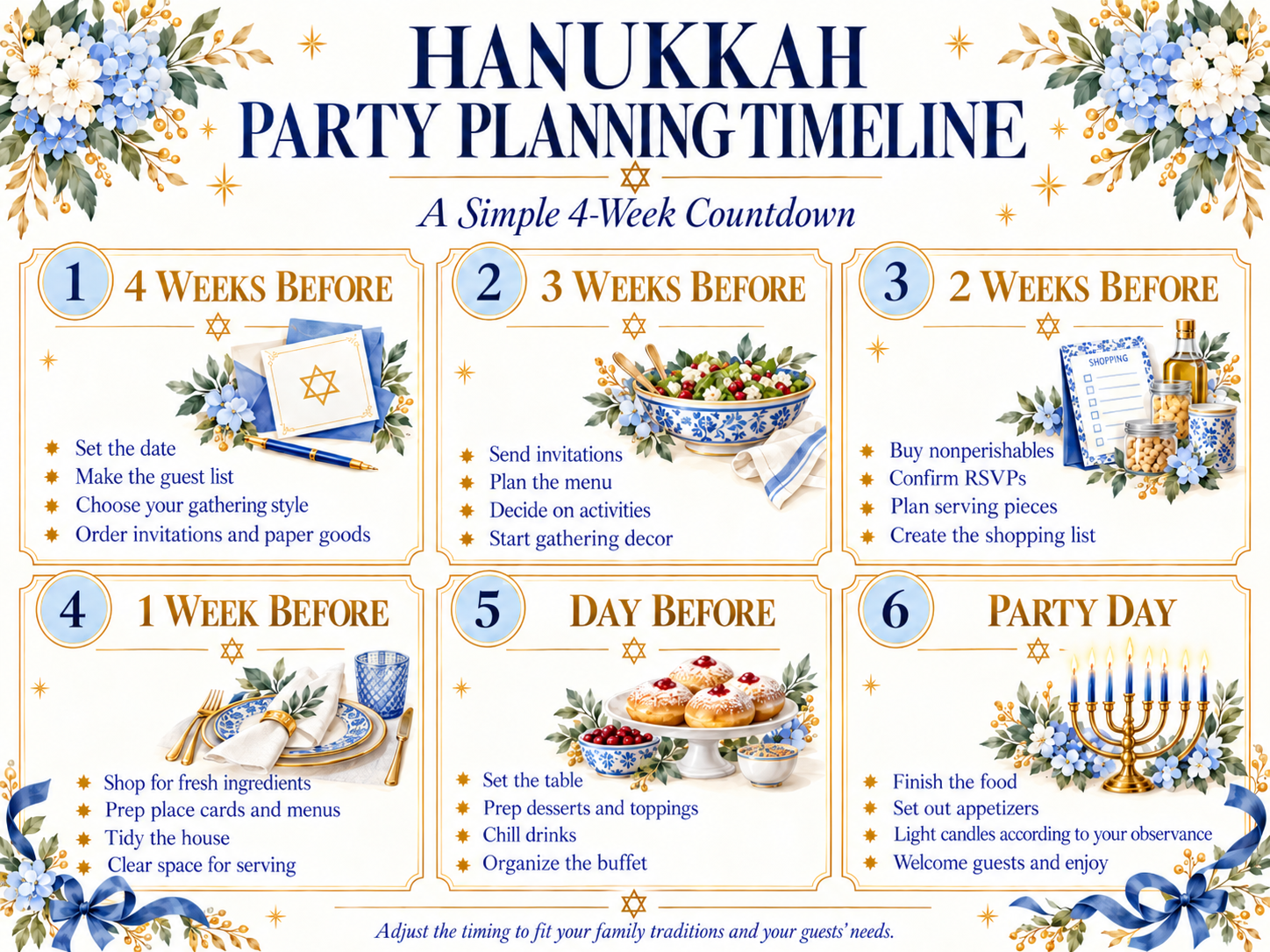 Four-week Hanukkah party planning timeline infographic with checklists for invitations, guest lists, menu planning, decorations, shopping, food preparation, and party-day hosting.