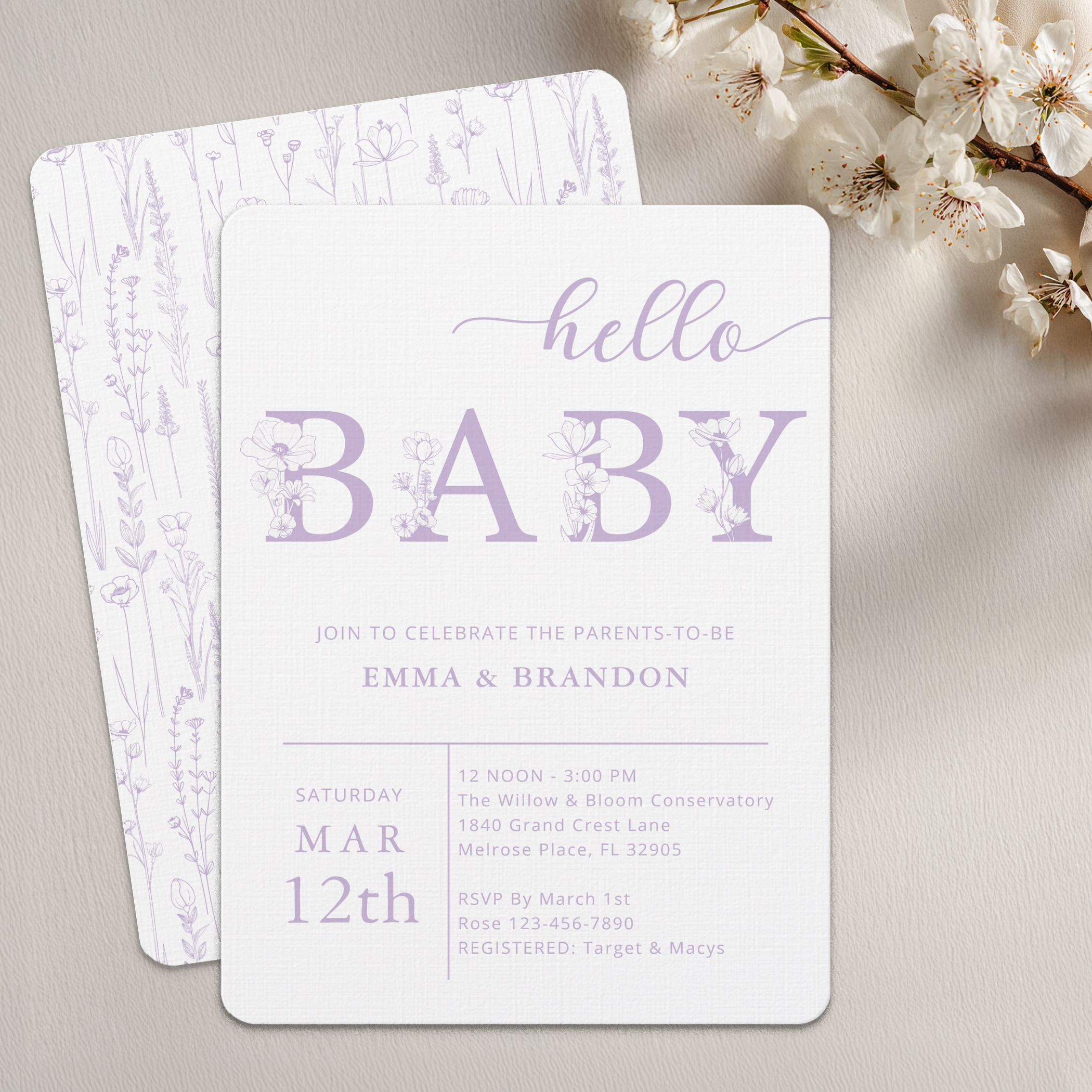 Lavender wildflower baby shower invitation with soft purple botanical design
