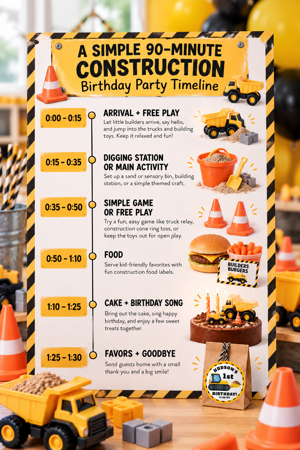 90-minute construction birthday party timeline with arrival and free play, digging station, simple game, food, cake and birthday song, and favors with a construction birthday sticker.