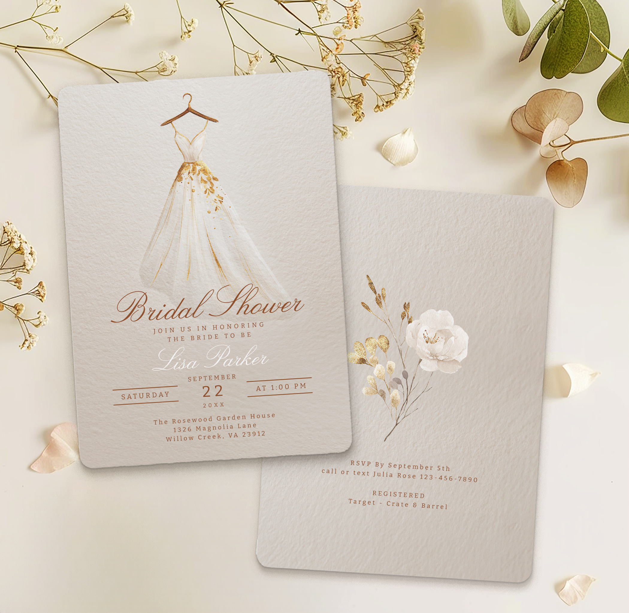Elegant fall bridal shower invitation featuring ivory wedding dress illustration with gold botanical details and soft autumn floral accents