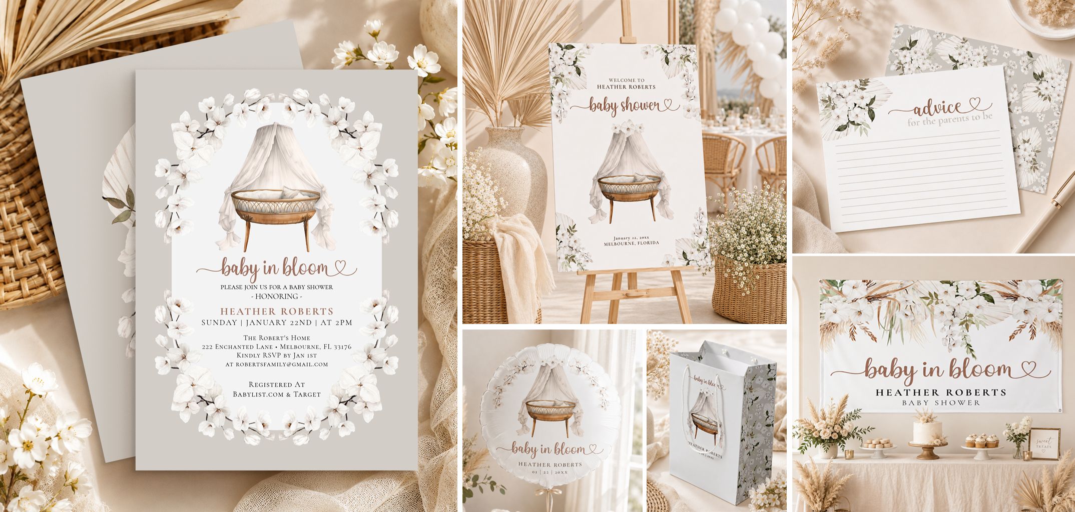 Vintage boho Baby in Bloom baby shower collection with floral invitation, welcome sign, advice card, balloon, gift bag, and coordinated dessert table décor.