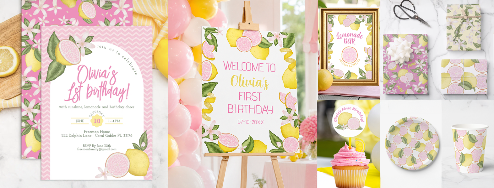 Pink Lemonade first birthday party collection featuring a personalized invitation, welcome sign, lemonade bar sign, cupcake topper, paper plates, party cups, and coordinating gift wrap with watercolor lemons and pink citrus.