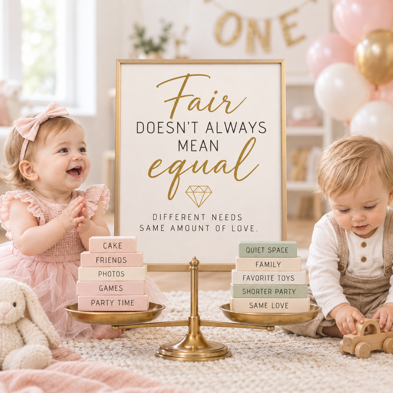 First birthday infographic illustrating that fair does not always mean equal, with two different family situations balanced by the same amount of care and consideration.