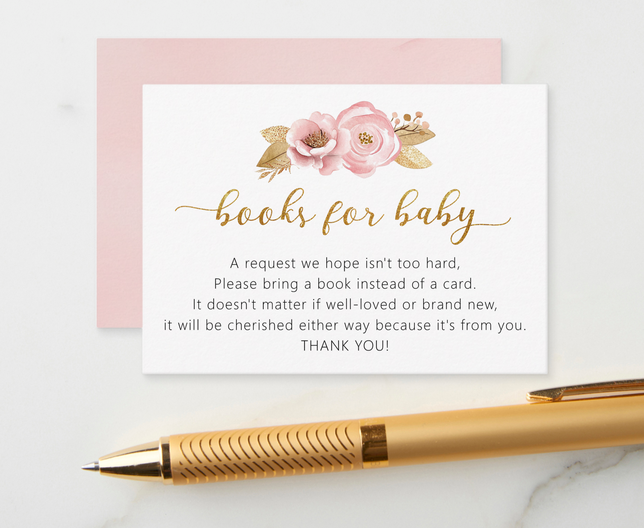 Blush pink floral baby shower books for baby request card with watercolor flowers and gold accents