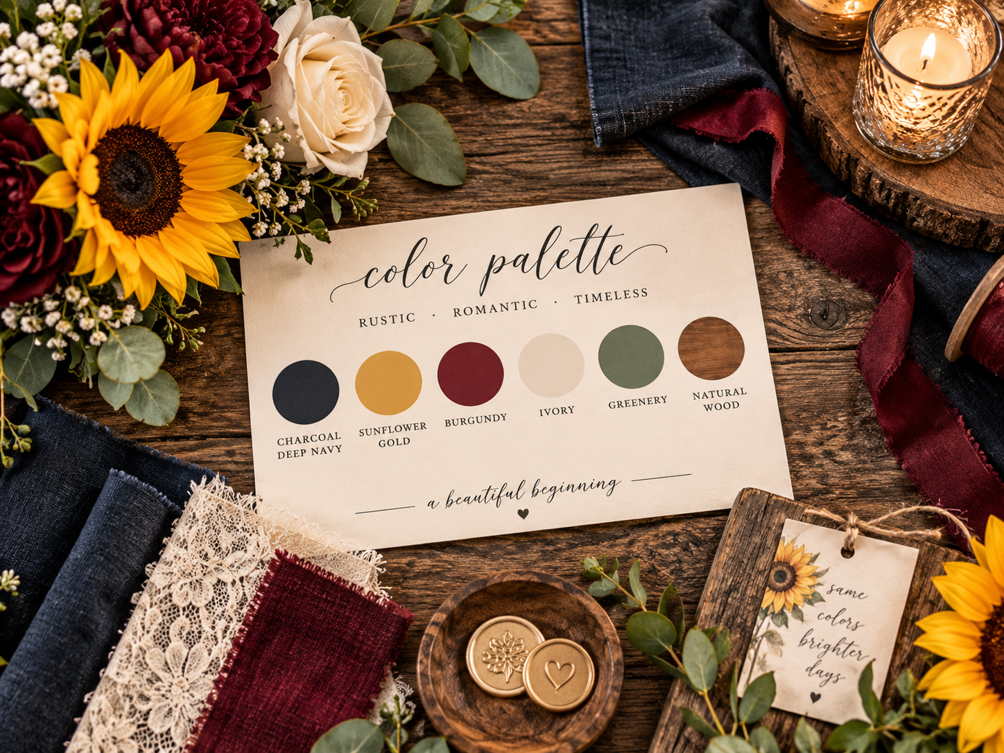 Rustic sunflower wedding color palette with charcoal, sunflower gold, burgundy, ivory, greenery, and natural wood styled with sunflowers, roses, lace, eucalyptus, and candlelight.