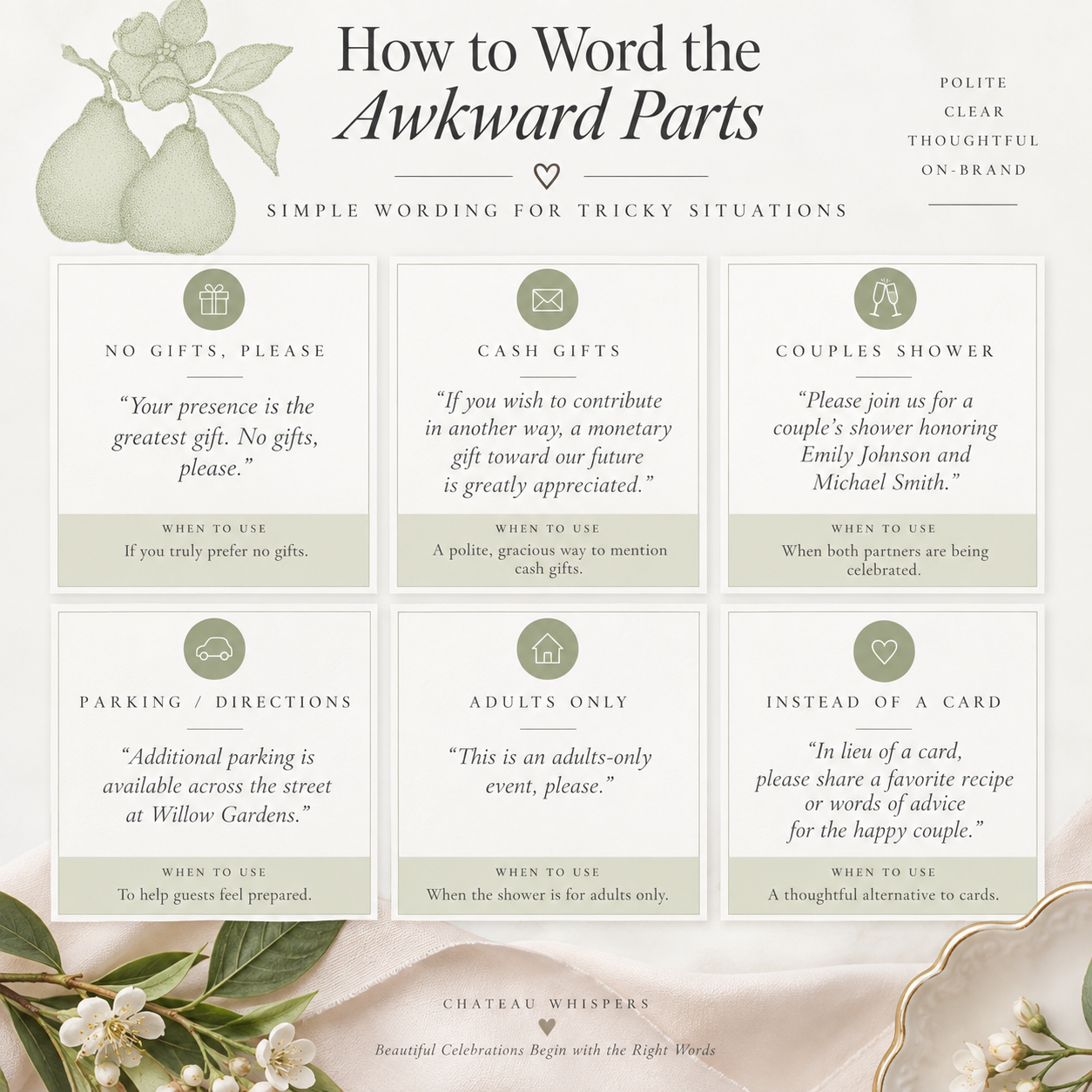 Bridal shower wording infographic with sample phrases for no gifts, cash gifts, couples showers, parking directions, adults-only events, and alternatives to bringing a card.