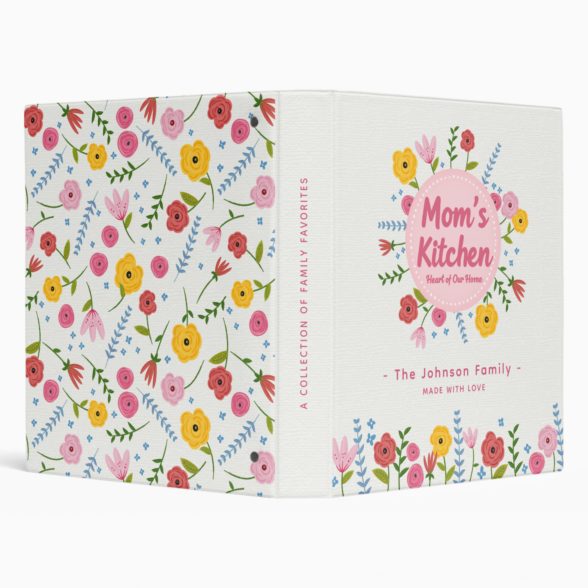 Personalized Mom’s Kitchen floral recipe binder with matching recipe cards inside
