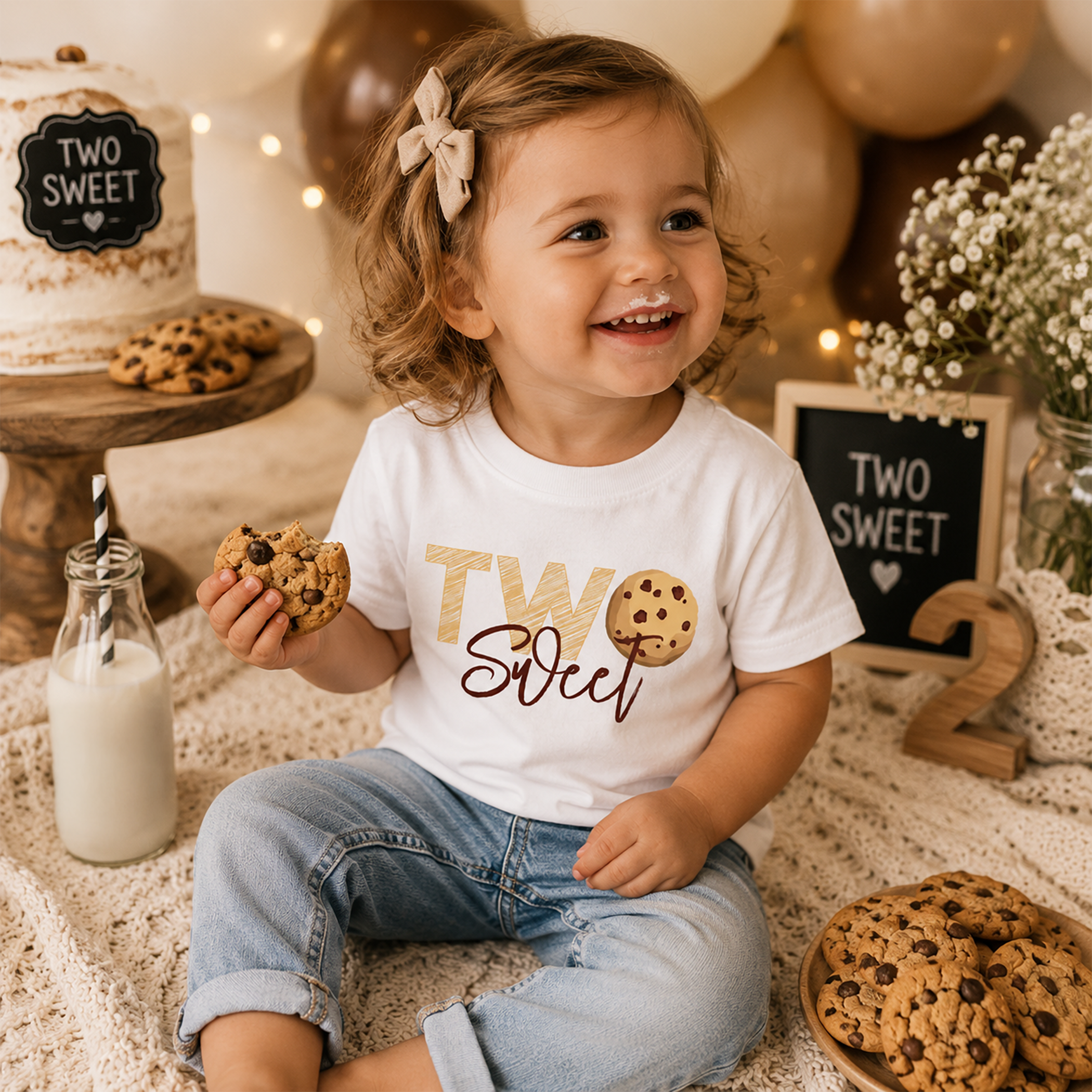 Toddler wearing a white “Two Sweet” birthday shirt while holding a chocolate chip cookie in a warm neutral birthday setup with milk bottles, cookies, balloons, fairy lights, and rustic party décor.