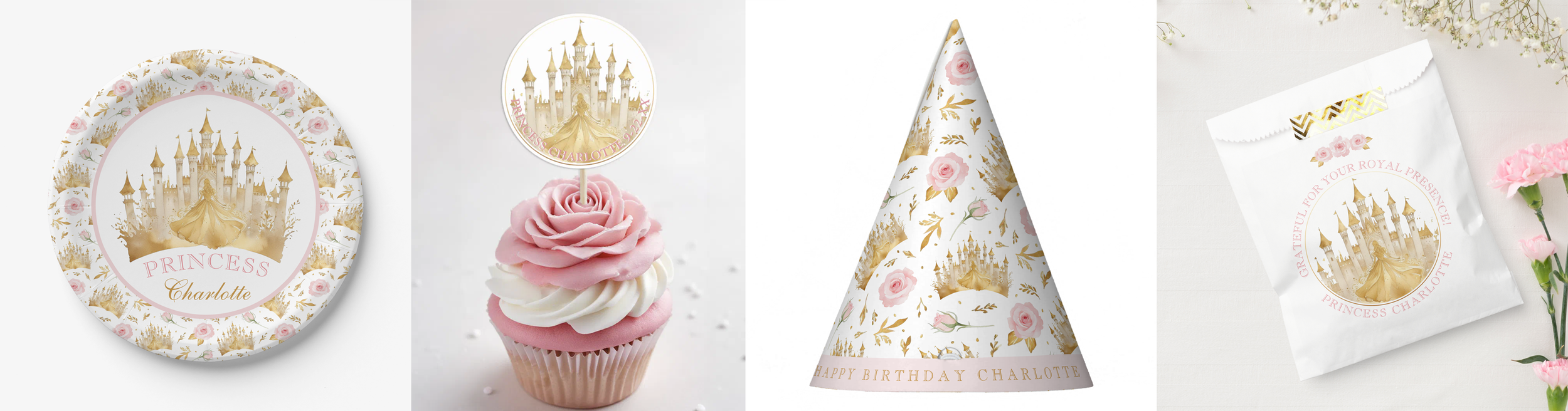 Pink and gold princess birthday party favors including castle cupcake topper, floral princess plate, party hat, and favor bag with watercolor castle design