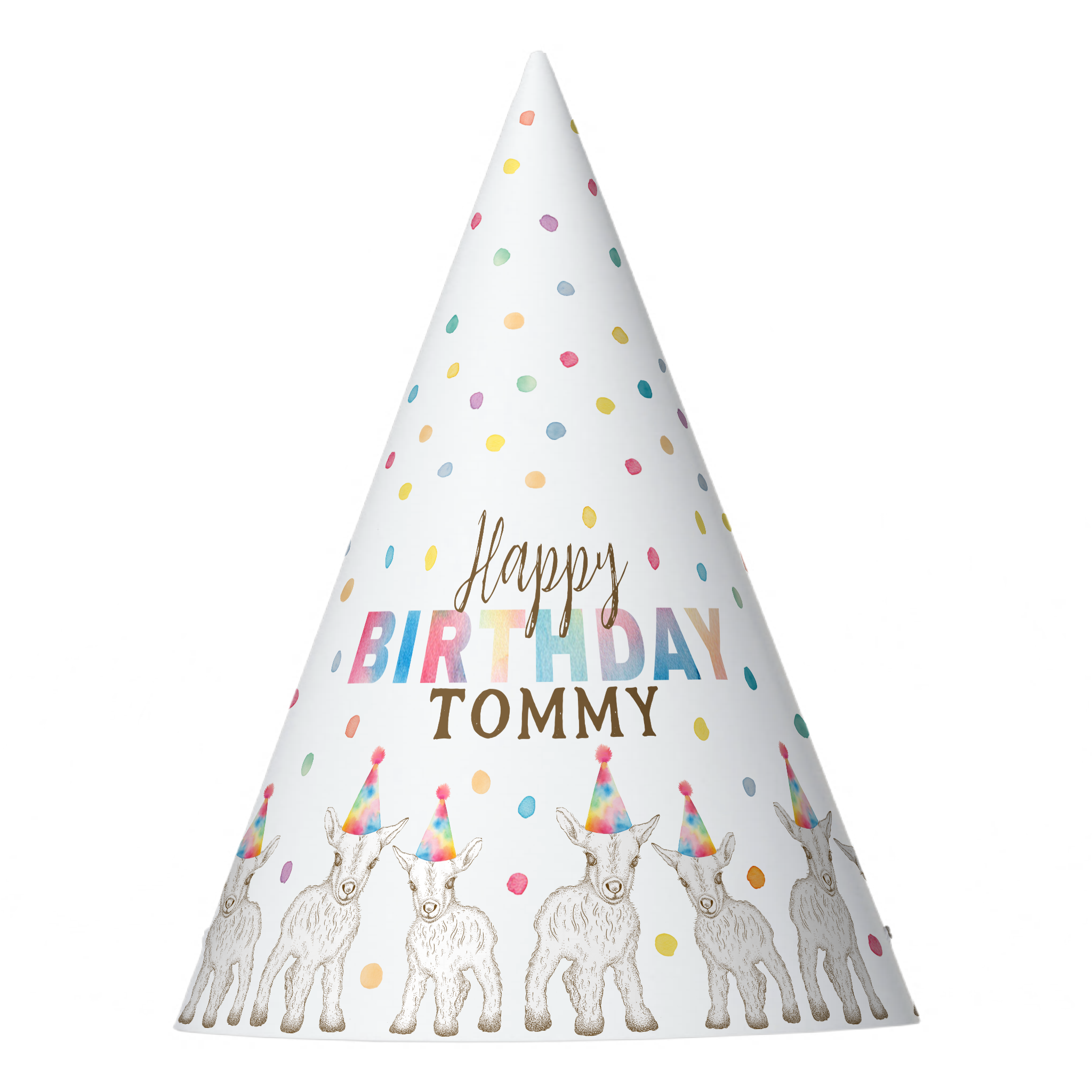 Personalized goat birthday party hat with confetti design and child’s name.