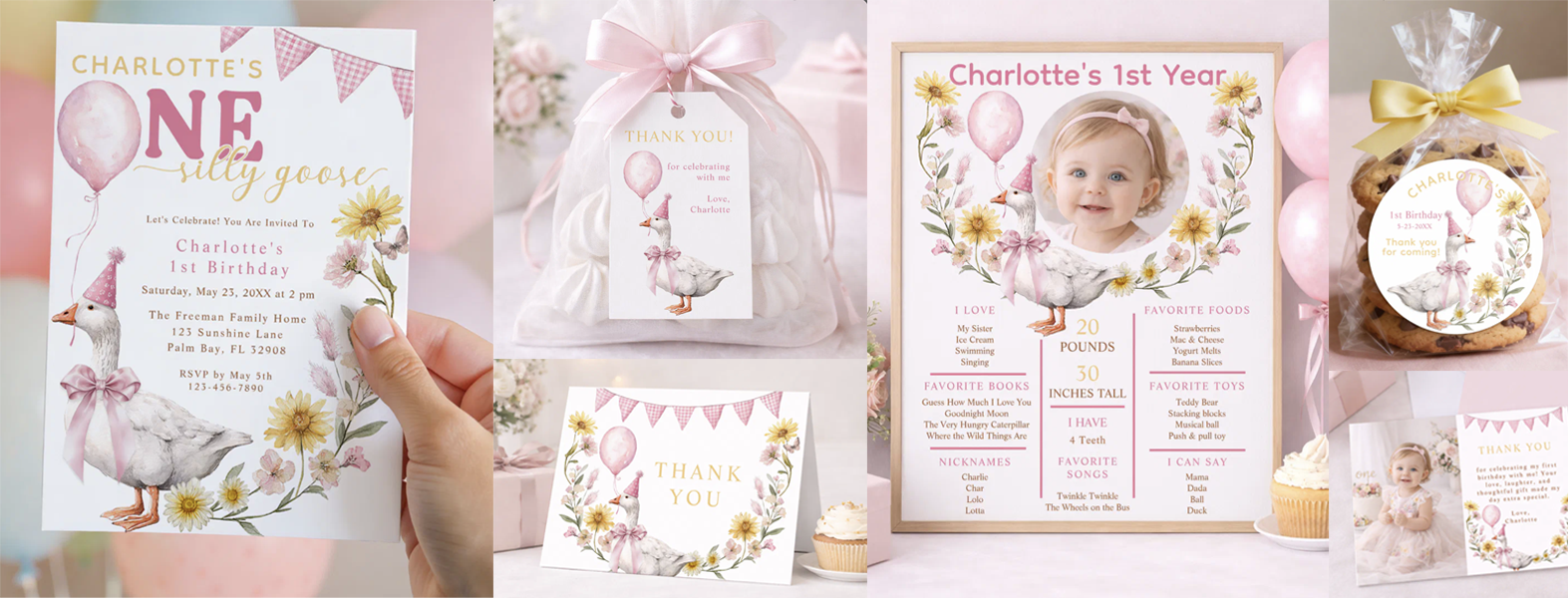 One Silly Goose first birthday party collection featuring a personalized goose-themed invitation, milestone poster, thank-you cards, favor tags, and photo keepsakes with watercolor wildflowers and soft pink accents.