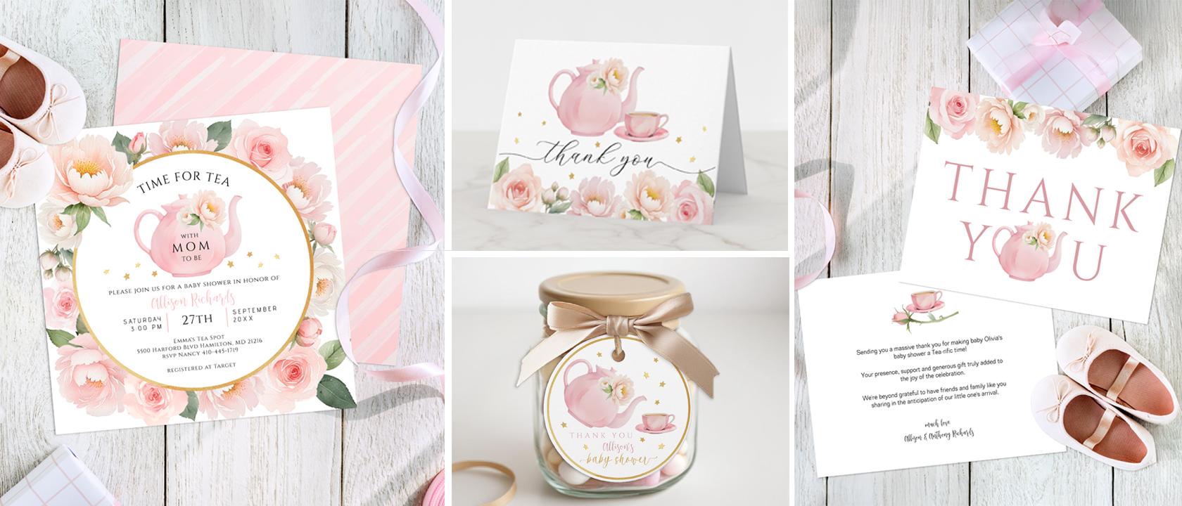 Garden tea party baby shower theme featuring a floral teapot invitation, matching thank-you card, tea-inspired favor jar, and soft pink floral stationery details.