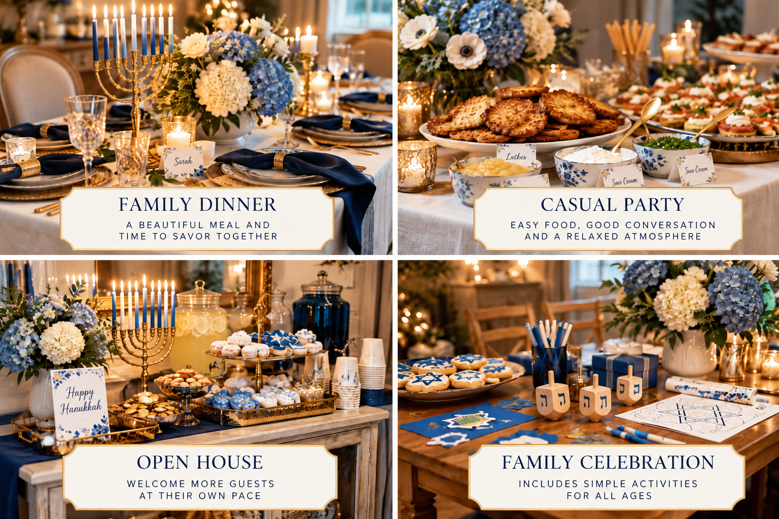 Four Hanukkah party ideas featuring an elegant family dinner, casual latke buffet, holiday open house with refreshments, and family-friendly dreidel activities.