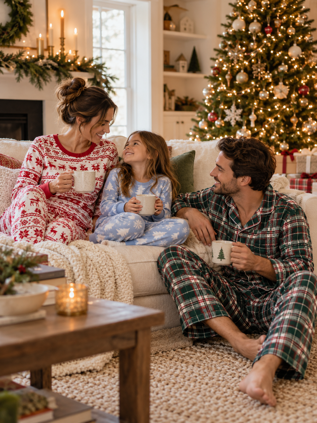 Family wearing coordinated but non-matching Christmas pajamas in red, blue, and green while relaxing with mugs beside a glowing Christmas tree in a cozy living room.