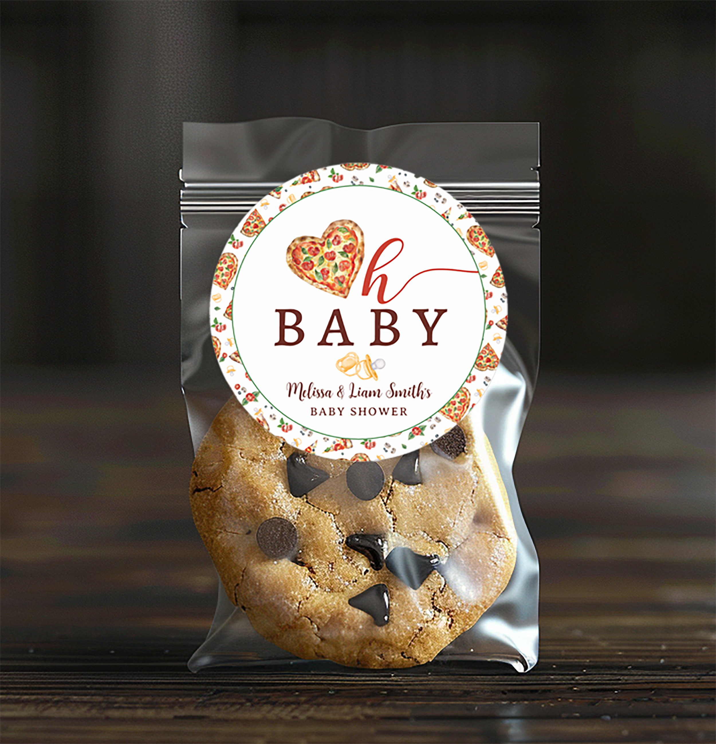 Personalized pizza baby shower favor tags and stickers