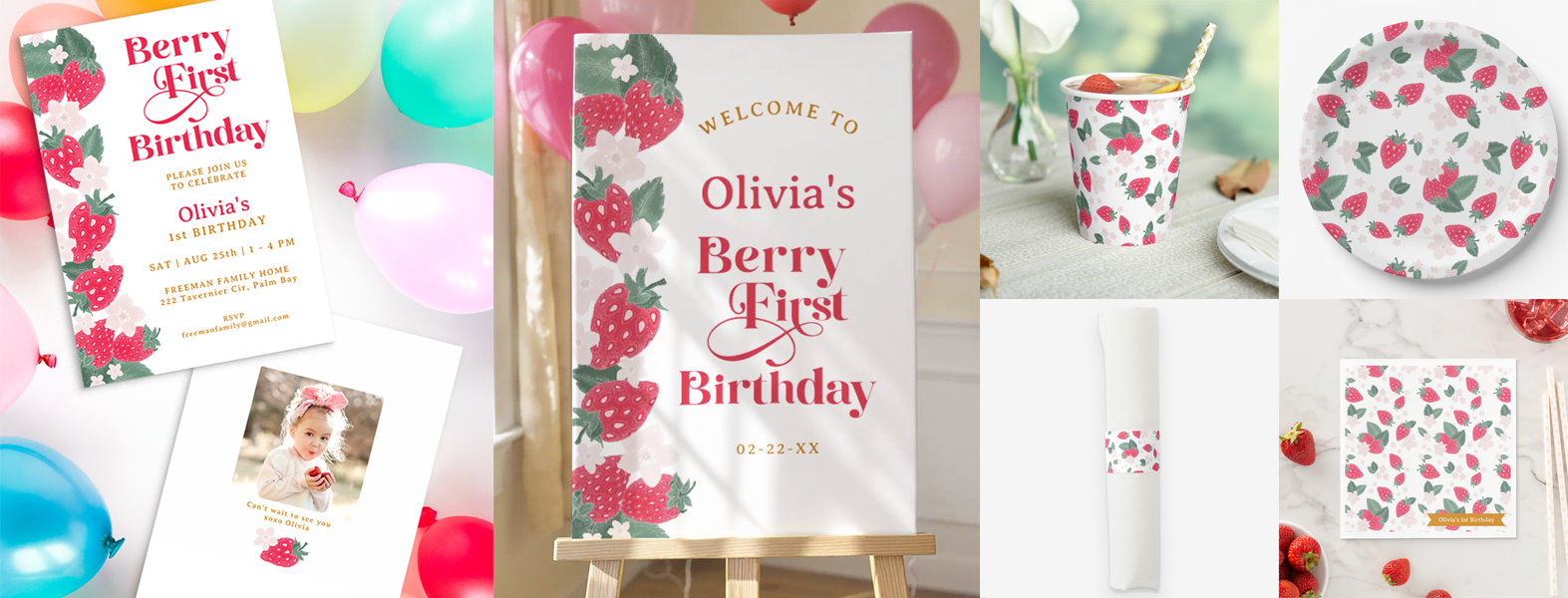 Berry First Birthday party collection featuring a personalized strawberry-themed invitation, welcome sign, paper cups, plates, favor stickers, and thank-you card for a coordinated first birthday celebration.