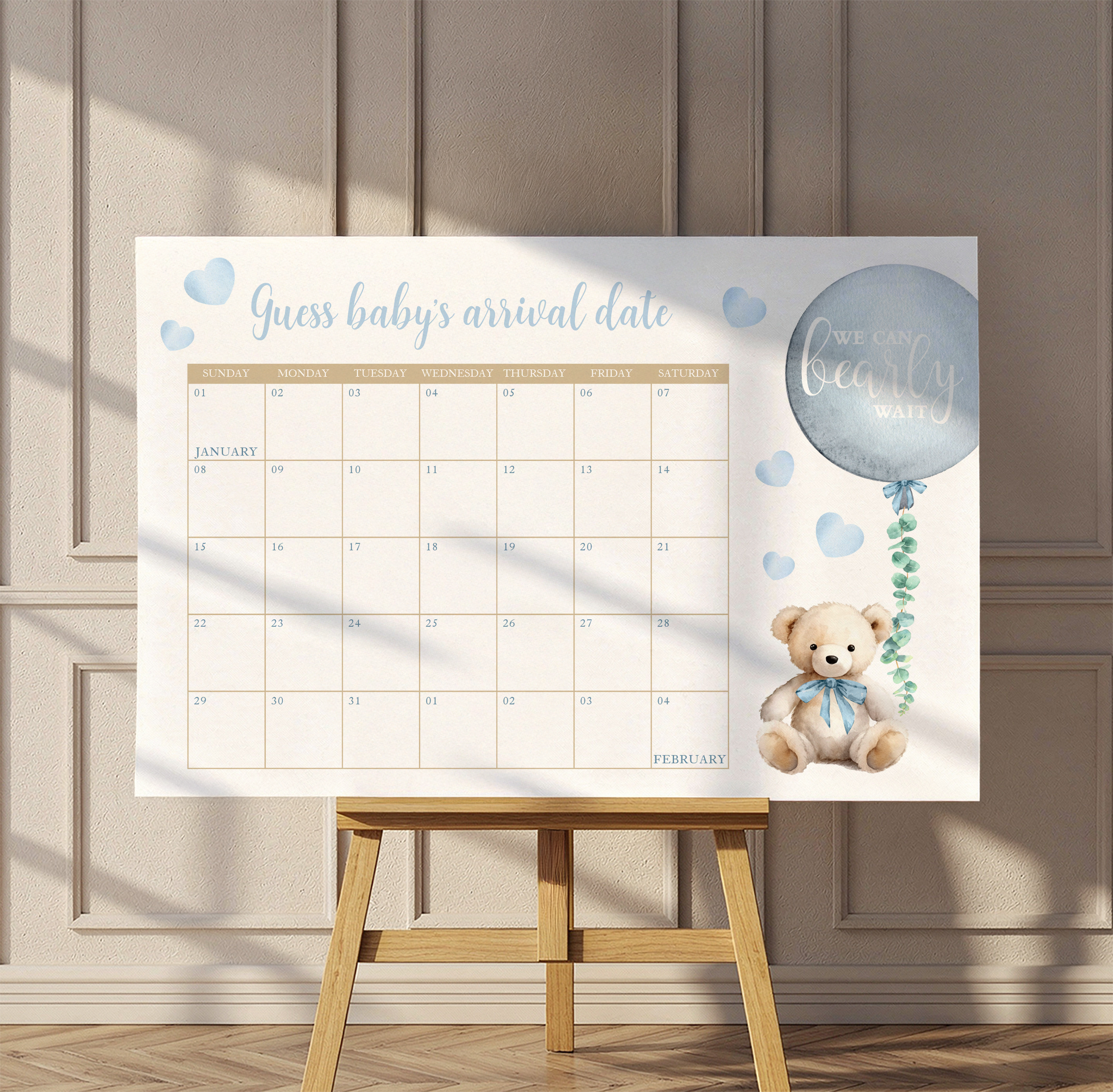 Teddy bear baby shower game poster for guessing baby’s arrival date with blue balloon illustration.