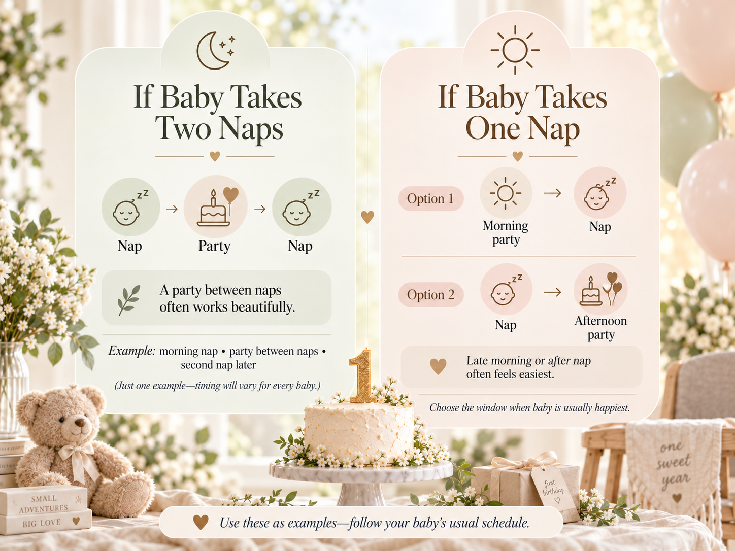 Infographic comparing first birthday party timing for babies taking two naps versus one nap, showing a party between naps for two-nap schedules and either a morning party before nap or an afternoon party after nap for one-nap schedules.