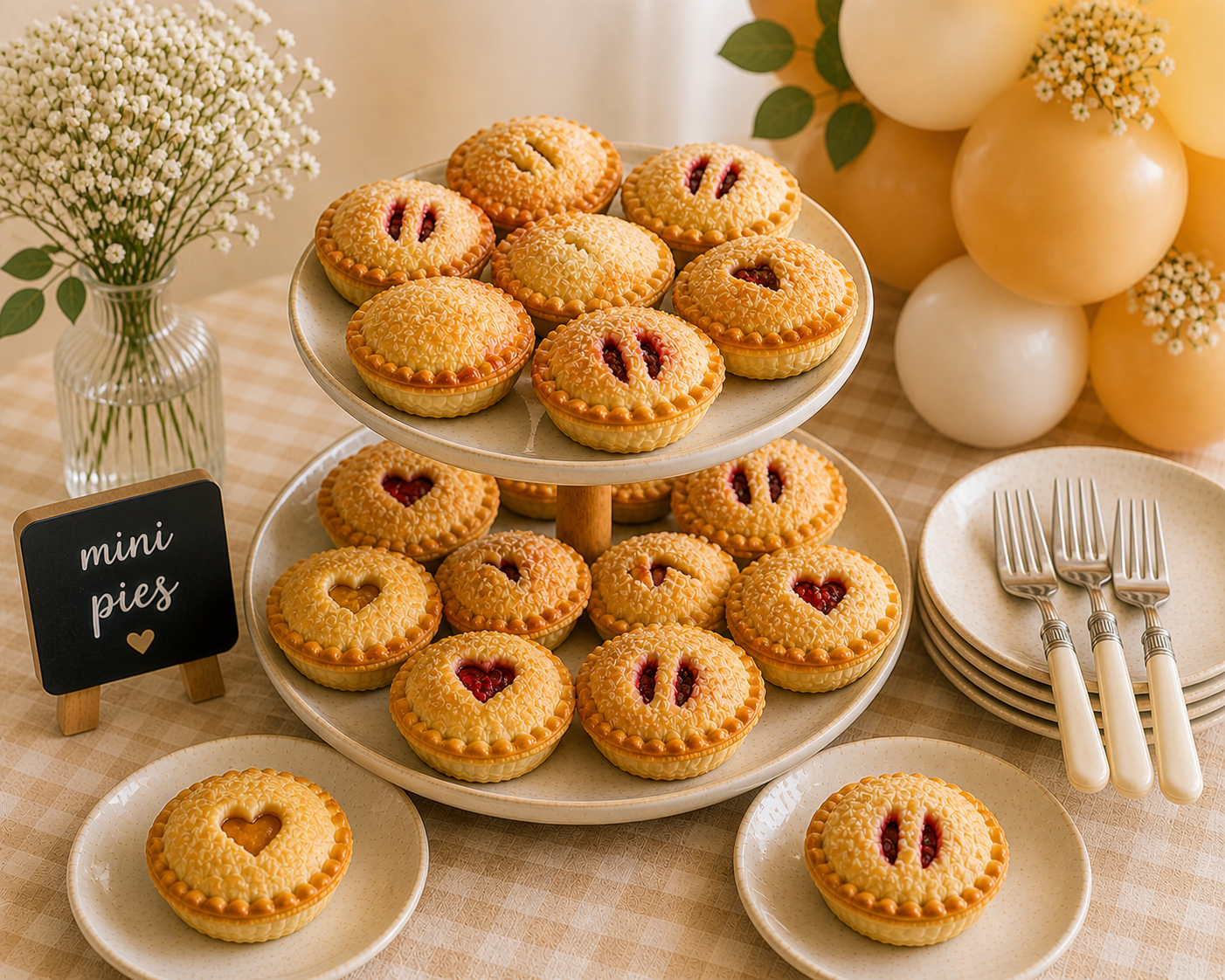 Mini pies displayed on a two-tier stand with full round hand pies in neutral baby shower setting, styled with gingham tablecloth, soft florals, and three forks on plates.