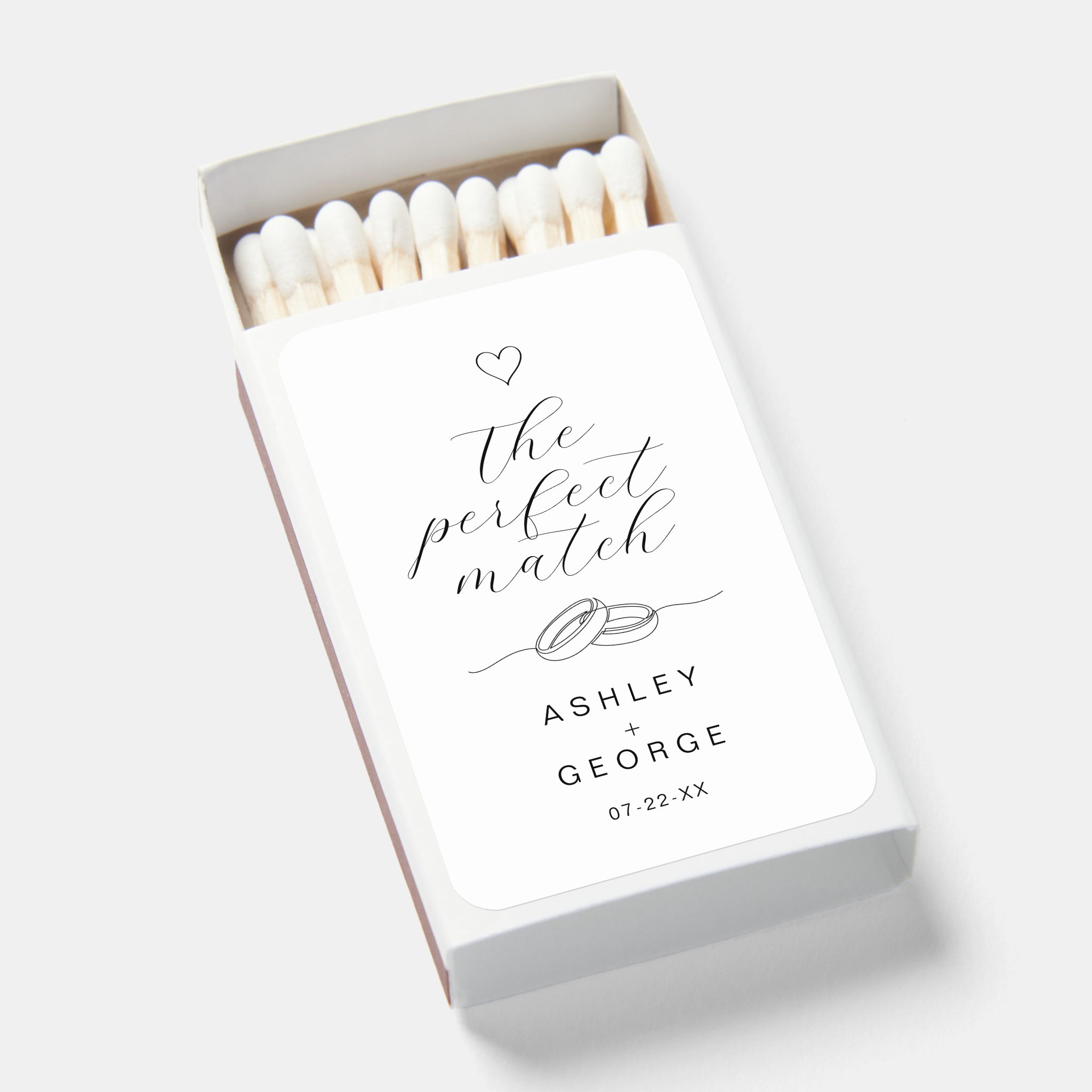 Perfect Match wedding favor matchbox with elegant script and ring illustration.