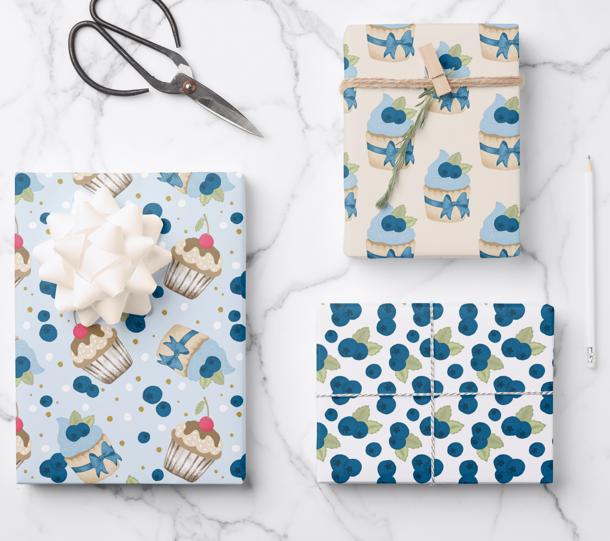 Blueberry cupcake birthday party wrapping paper and coordinating pattern design.