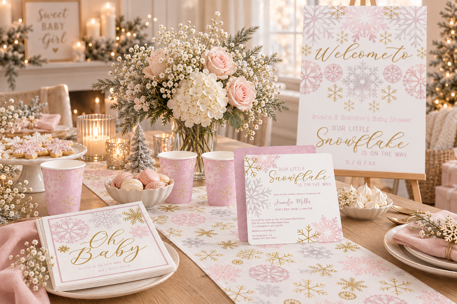 Winter Wonderland baby shower table with a pink snowflake welcome sign, matching square invitation, Oh Baby napkins, pink snowflake paper cups, a snowflake table runner, blush flowers, cookies, macarons, and candlelight.