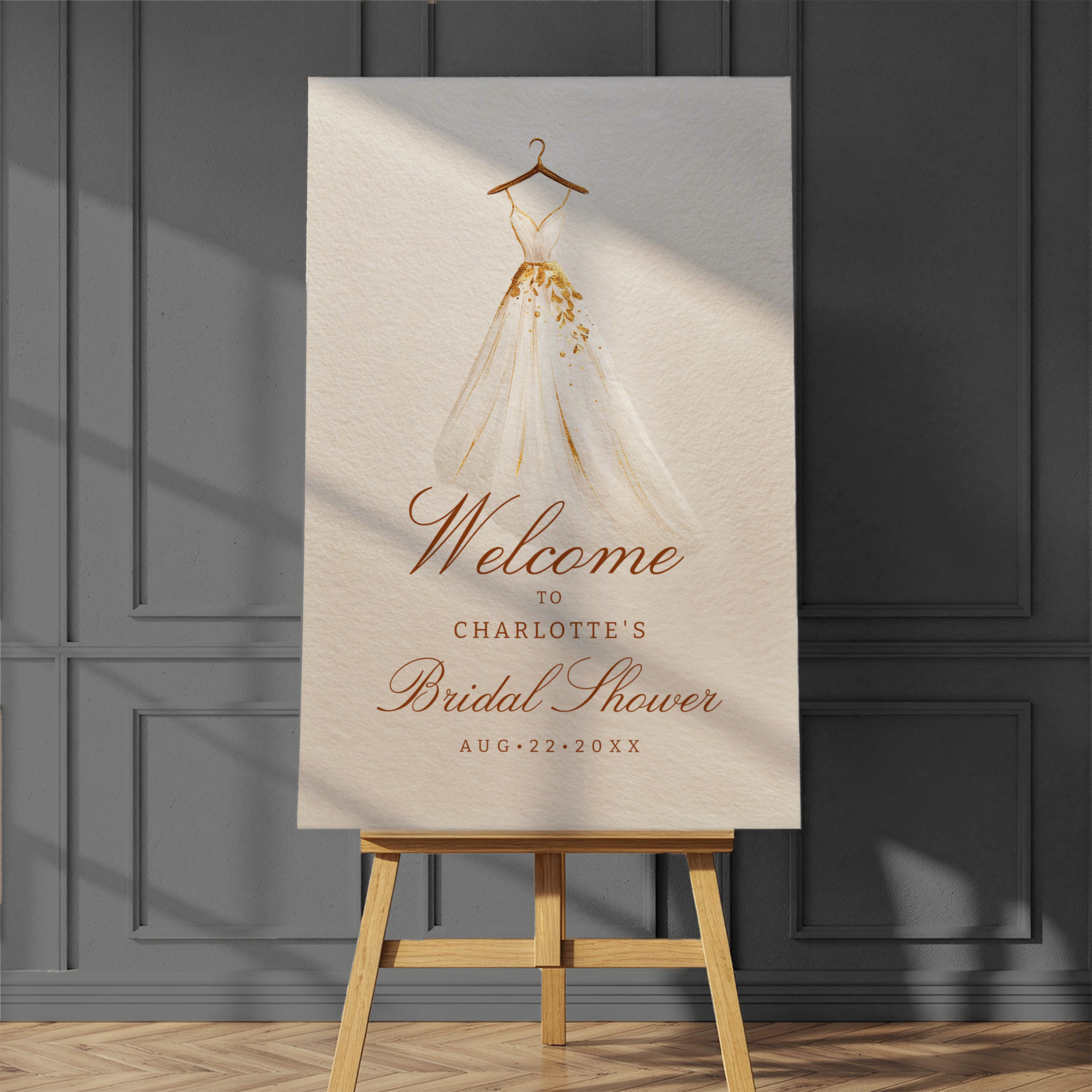 Elegant fall bridal shower welcome sign featuring ivory wedding dress illustration with gold accents and romantic script lettering