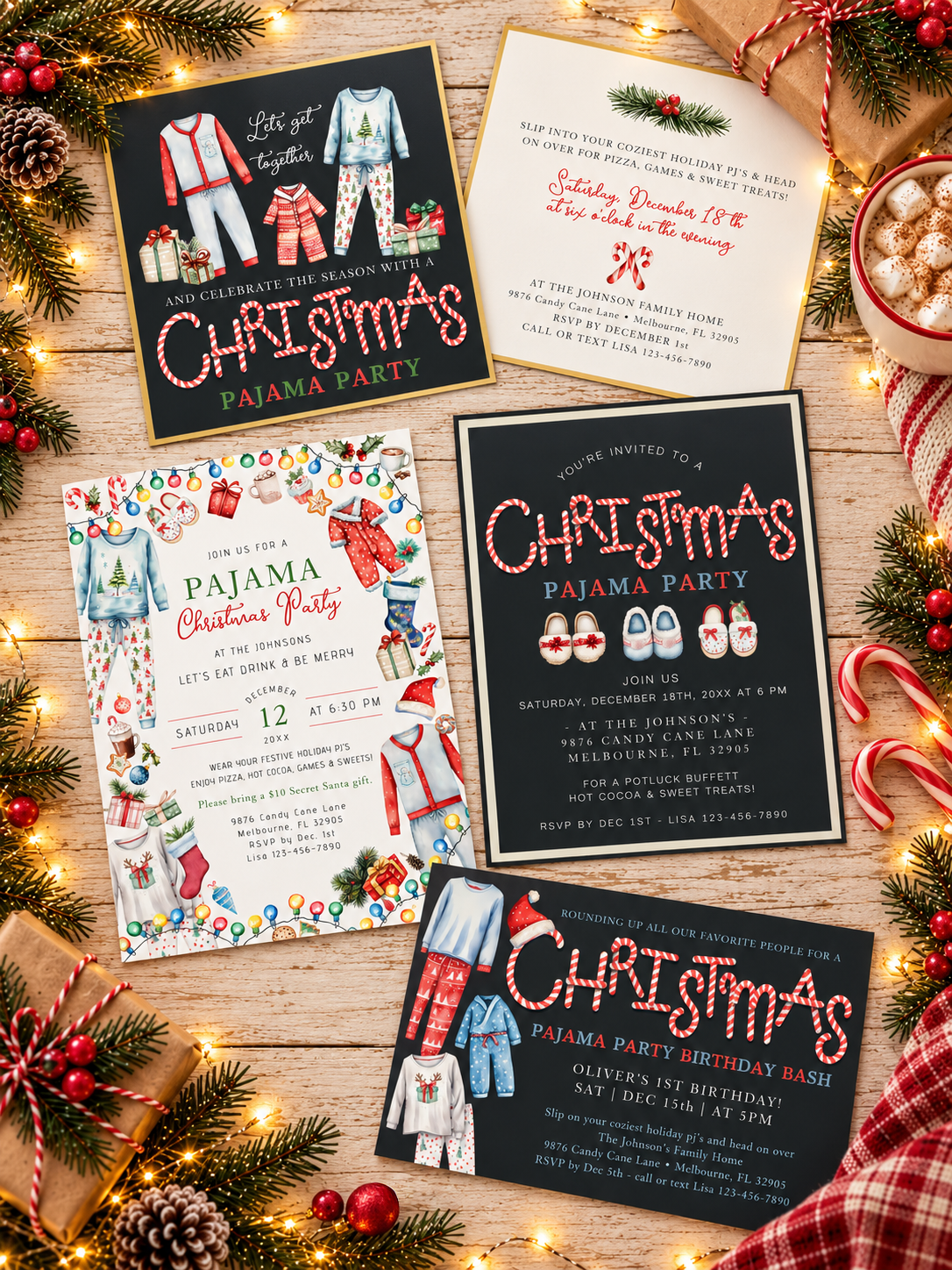Flat lay of five Christmas pajama party invitations arranged on a cozy holiday wood background with evergreen sprigs, string lights, hot cocoa, candy canes, and wrapped gifts.