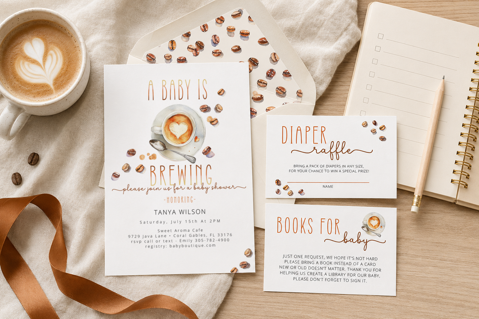 A Baby Is Brewing coffee baby shower invitation with diaper raffle and books-for-baby insert cards.