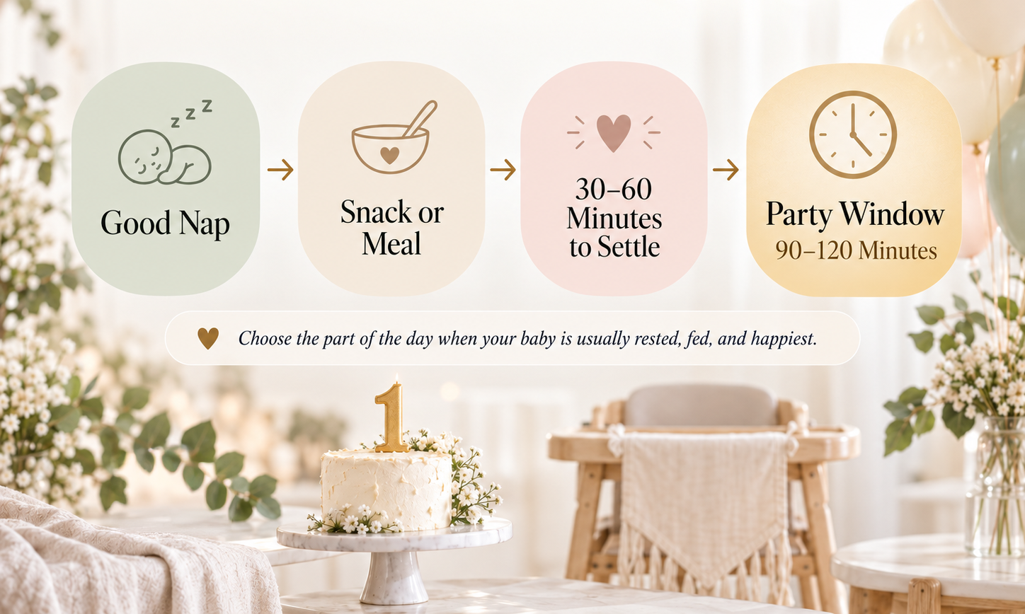 First birthday timing infographic showing a good nap, snack or meal, 30–60 minutes to settle, and a 90–120 minute party window.