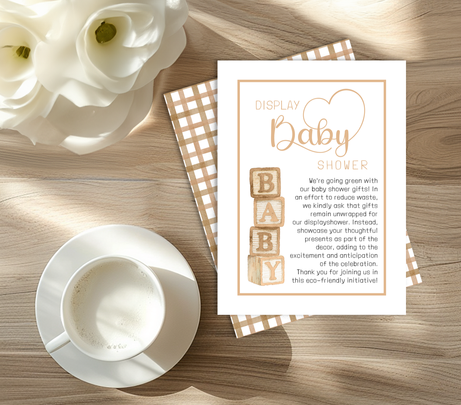 Neutral baby shower unwrapped gifts insert card with baby blocks artwork and soft taupe tones.