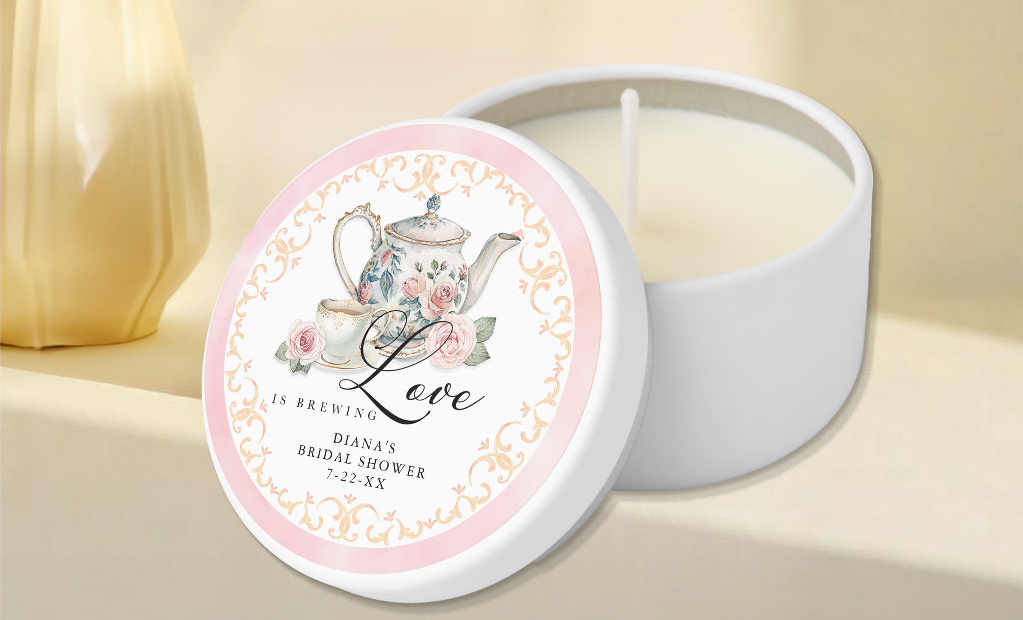 Personalized tea party bridal shower candle favor with romantic floral teacup label