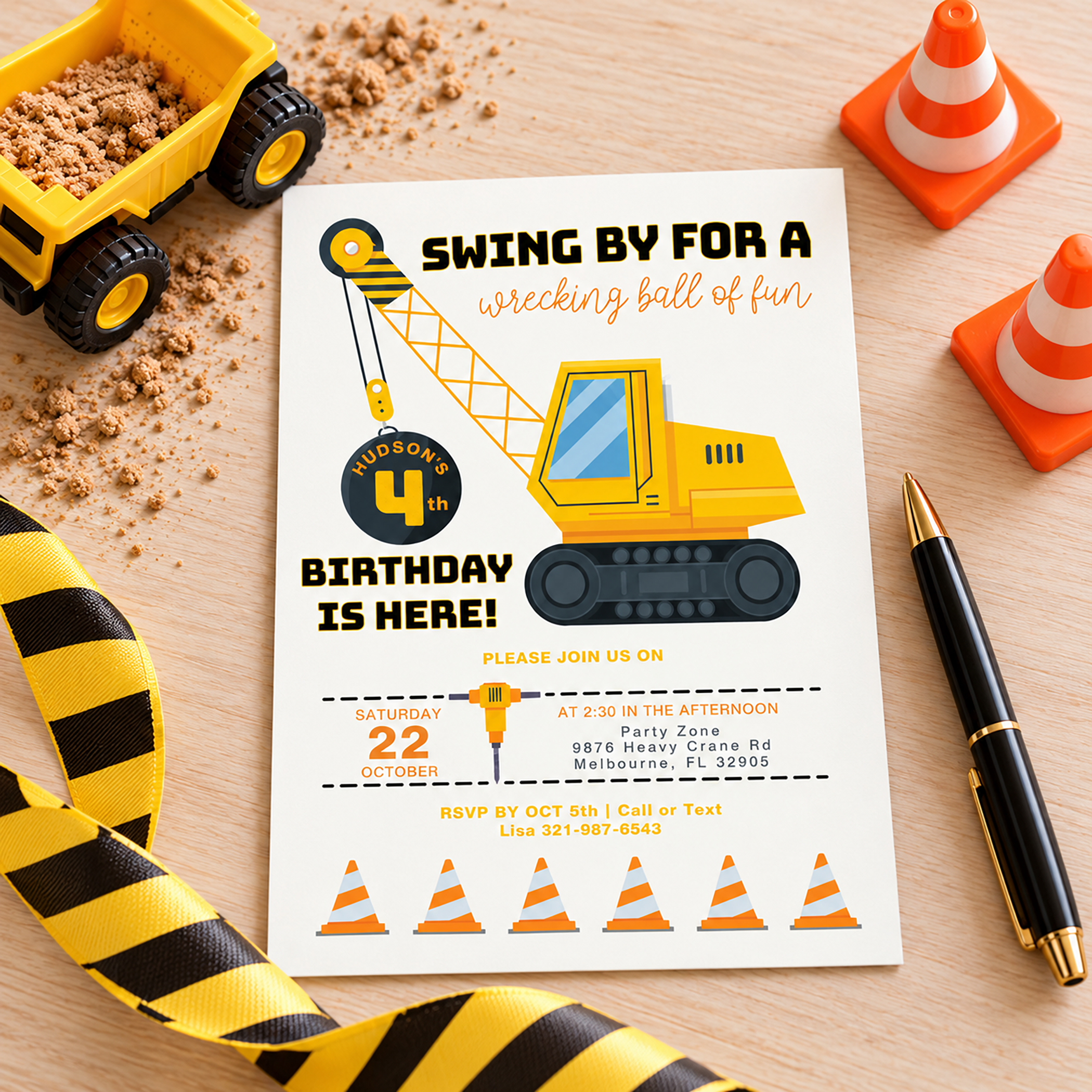 Construction birthday party invitation with yellow crane, wrecking ball, orange traffic cones, black-and-yellow caution ribbon, and personalized 4th birthday details.