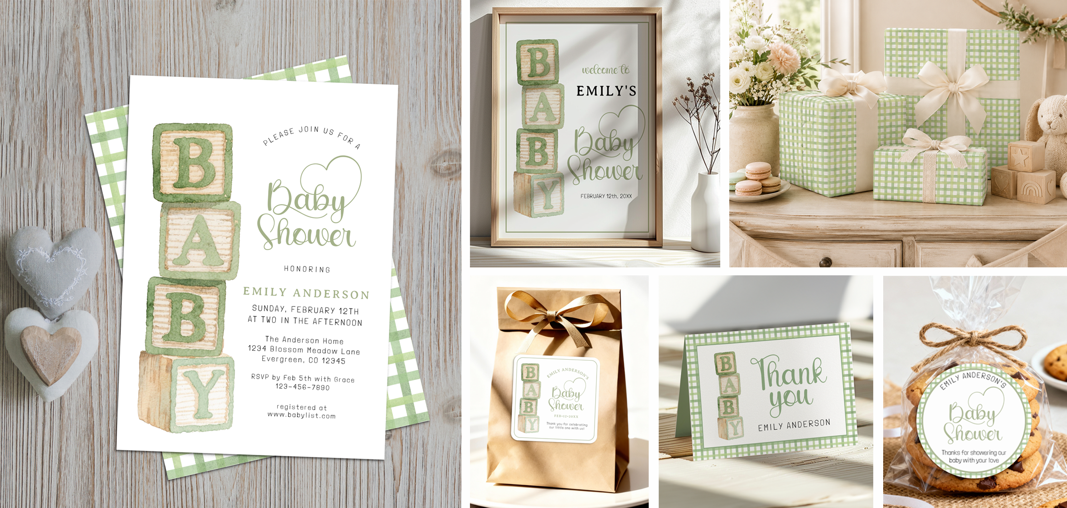 Collage of a sage green baby blocks baby shower collection showing a baby shower invitation, welcome sign, plaid gift table display, gold favor bag, coordinating thank you card, and cookie favor packaging.