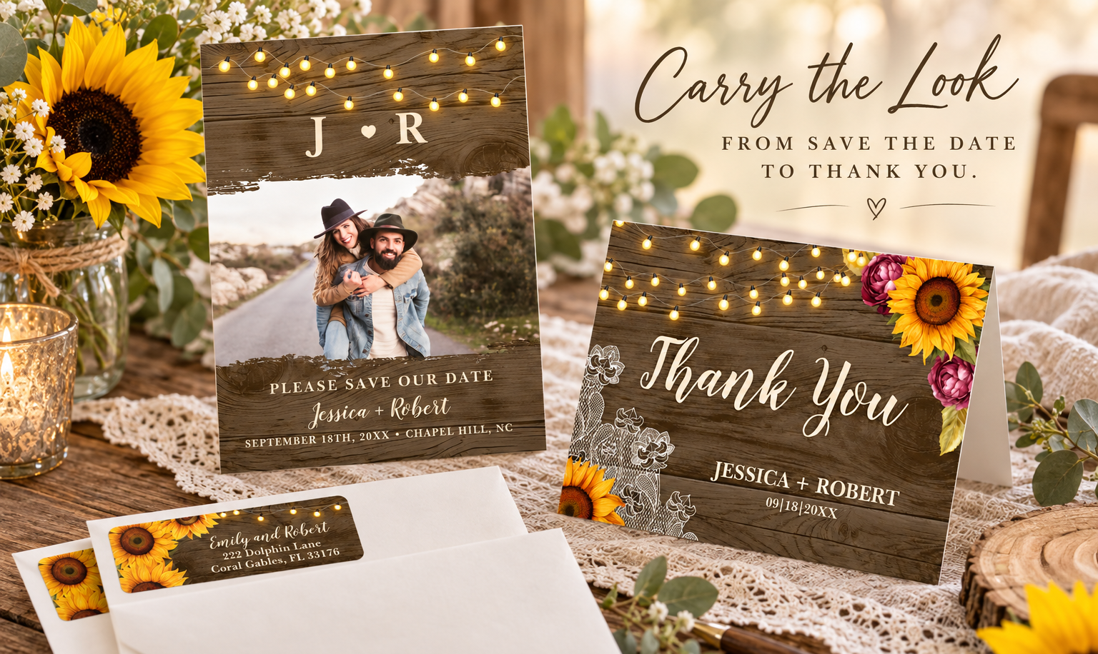 Coordinated rustic sunflower wedding stationery featuring a photo save the date, thank-you card, and matching sunflower return address labels styled with lace, greenery, sunflowers, and warm barn-inspired details.