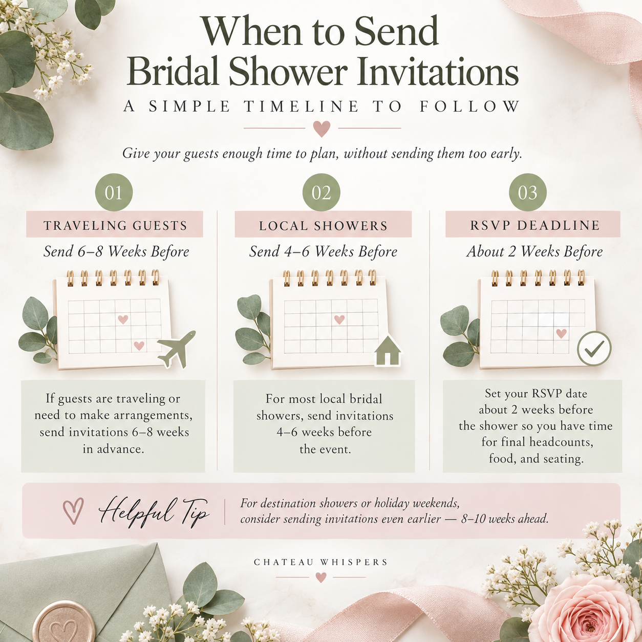 Bridal shower invitation timeline infographic showing six to eight weeks before for traveling guests, four to six weeks before for local showers, and an RSVP deadline about two weeks before the celebration.