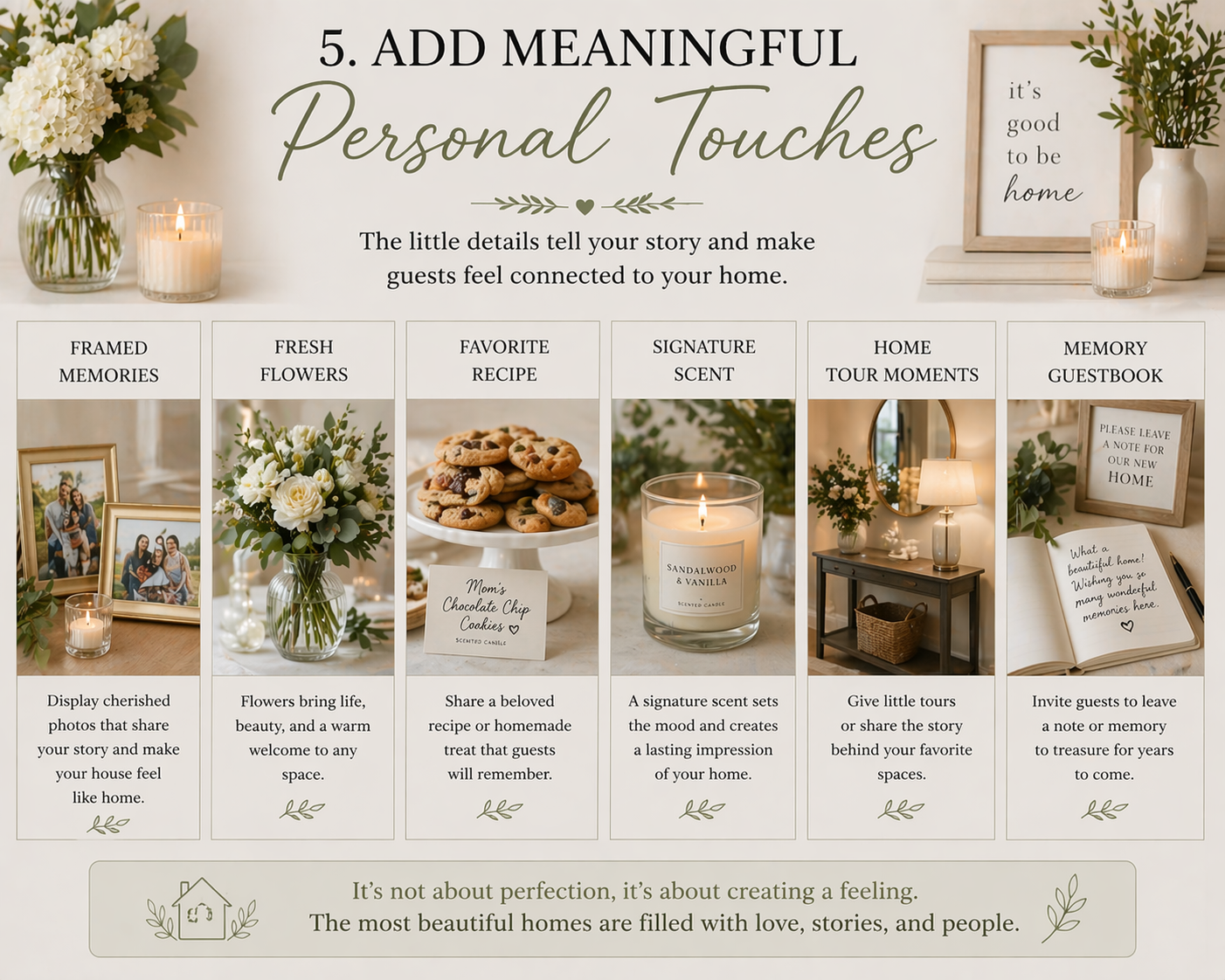 Elegant housewarming party inspiration graphic featuring personal hosting ideas including framed family photos, white floral arrangement, homemade cookies, scented candle, styled entry table, and memory guest book.